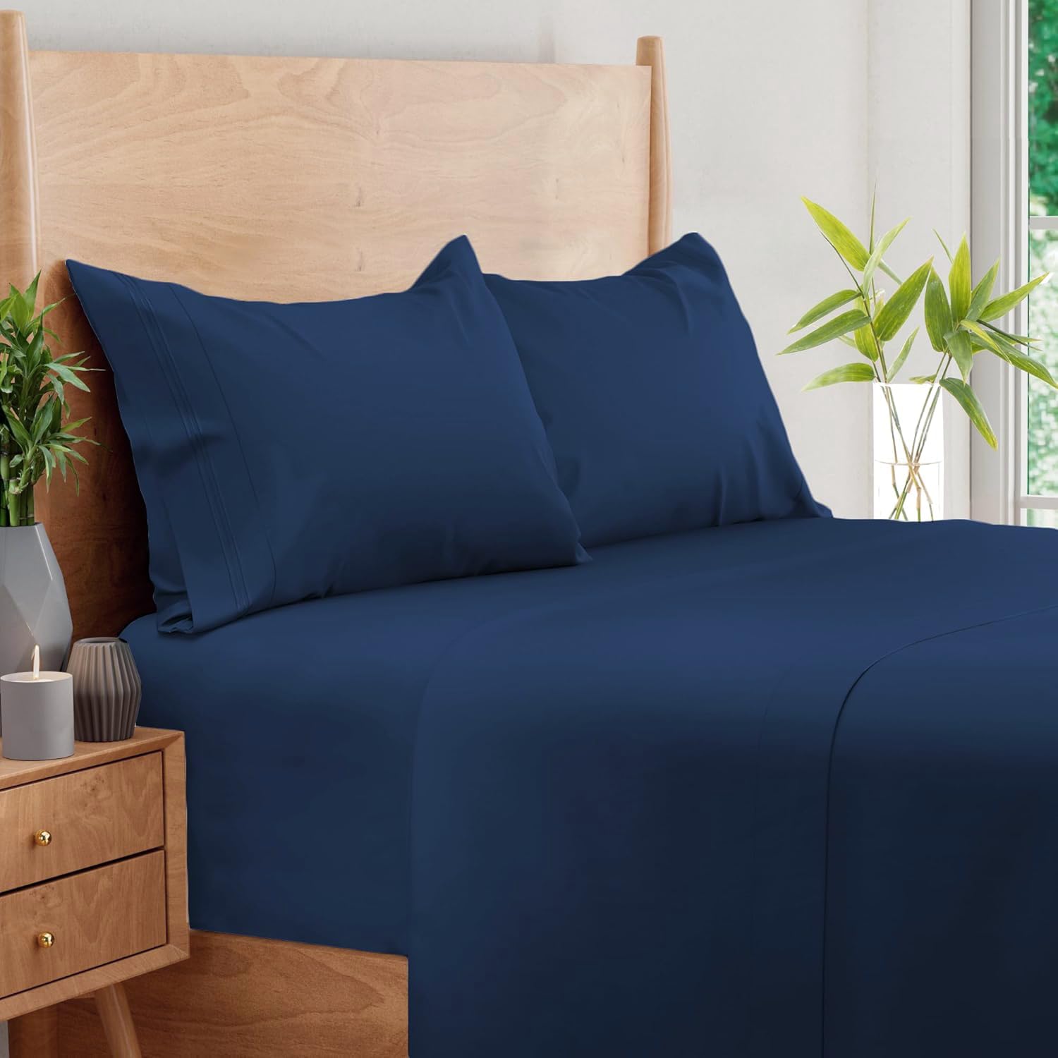 BAMPURE 100% Bamboo Viscose Queen Sheet Set - 4 Piece Ultra Soft Cooling Bed Sheets for Hot Sleepers - OEKO-TEX Certified Hypoallergenic Deep Pocket Sheets (Navy) - Perfect for Summer Nights & Sensitive Skin