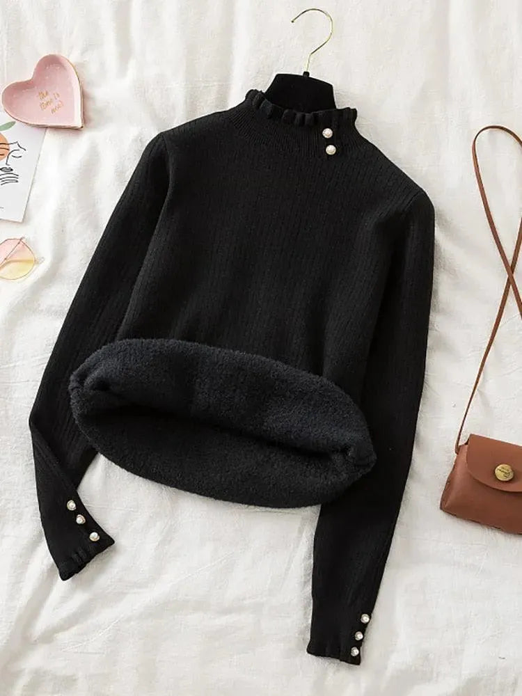 Elegant Winter Ruffled Mock Neck Sweater for Women - Cozy Knit Pullover for Casual Outfits & Holiday Gatherings