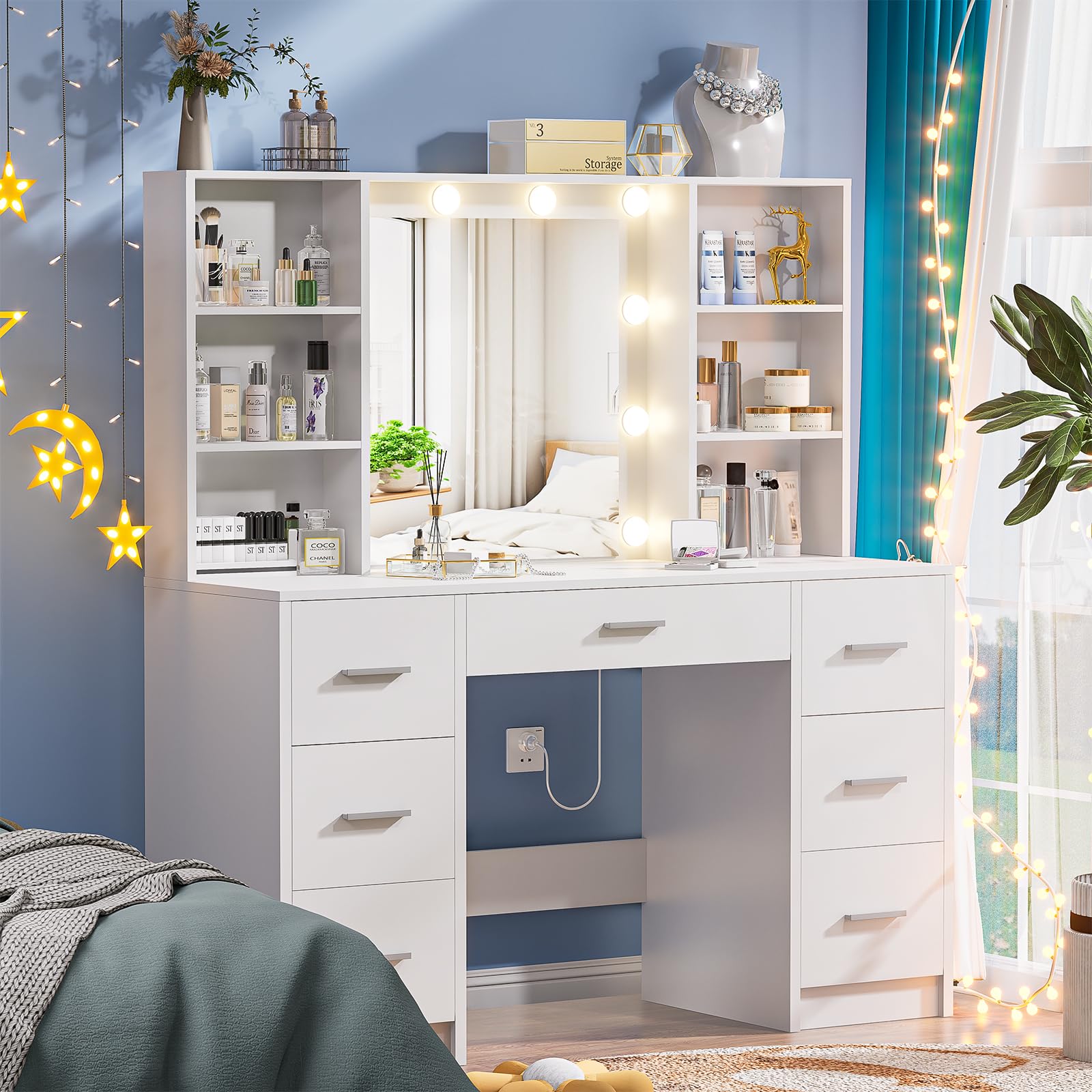 Large Vanity Desk with Mirror & 10 LED Lights - Makeup Dressing Table with Power Outlet, 7 Drawers & 6 Storage Shelves - 3 Lighting Modes - White Vanity Table for Bedroom, Home Decor & Beauty Room Organization