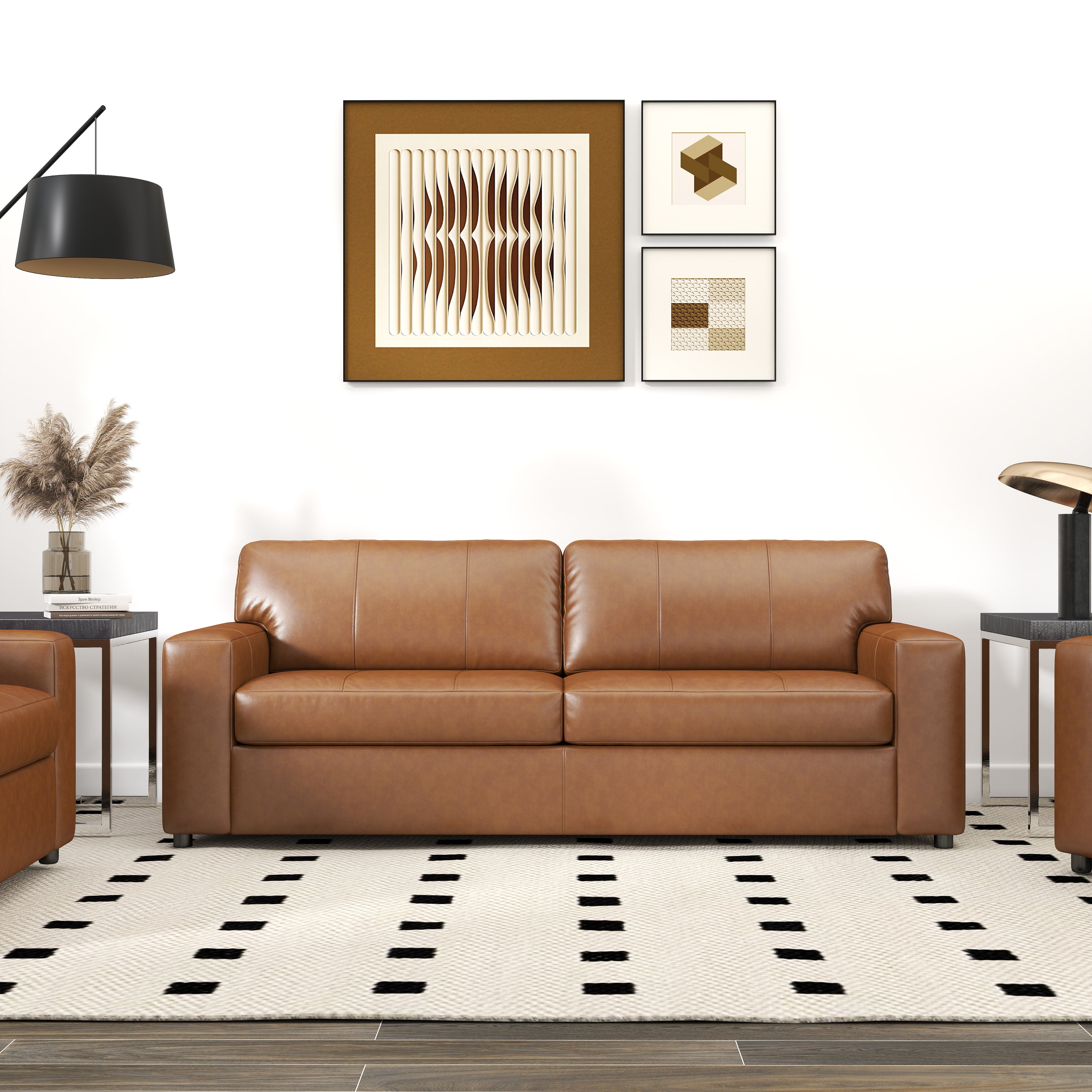 Roundhill Furniture Sakan Genuine Leather Upholstered Sofa - Modern Living Room Couch for Home, Office & Lounge Comfort