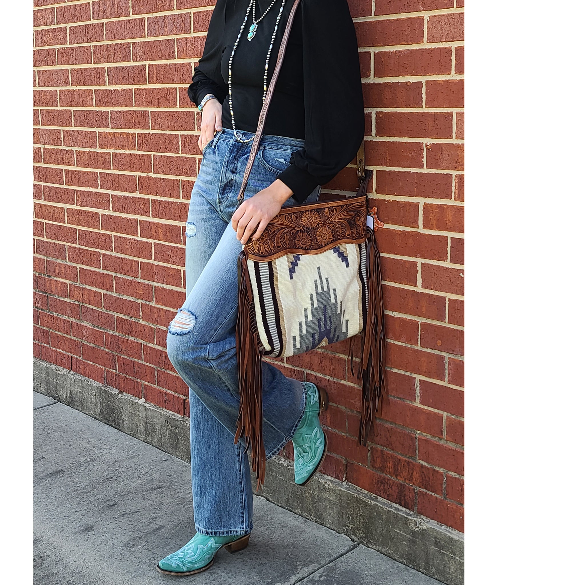 American Darling Blanket Purse with Tooled Leather - Stylish Crossbody Bag for Women, Boho Chic Handbag for Travel, Festival, and Everyday Use