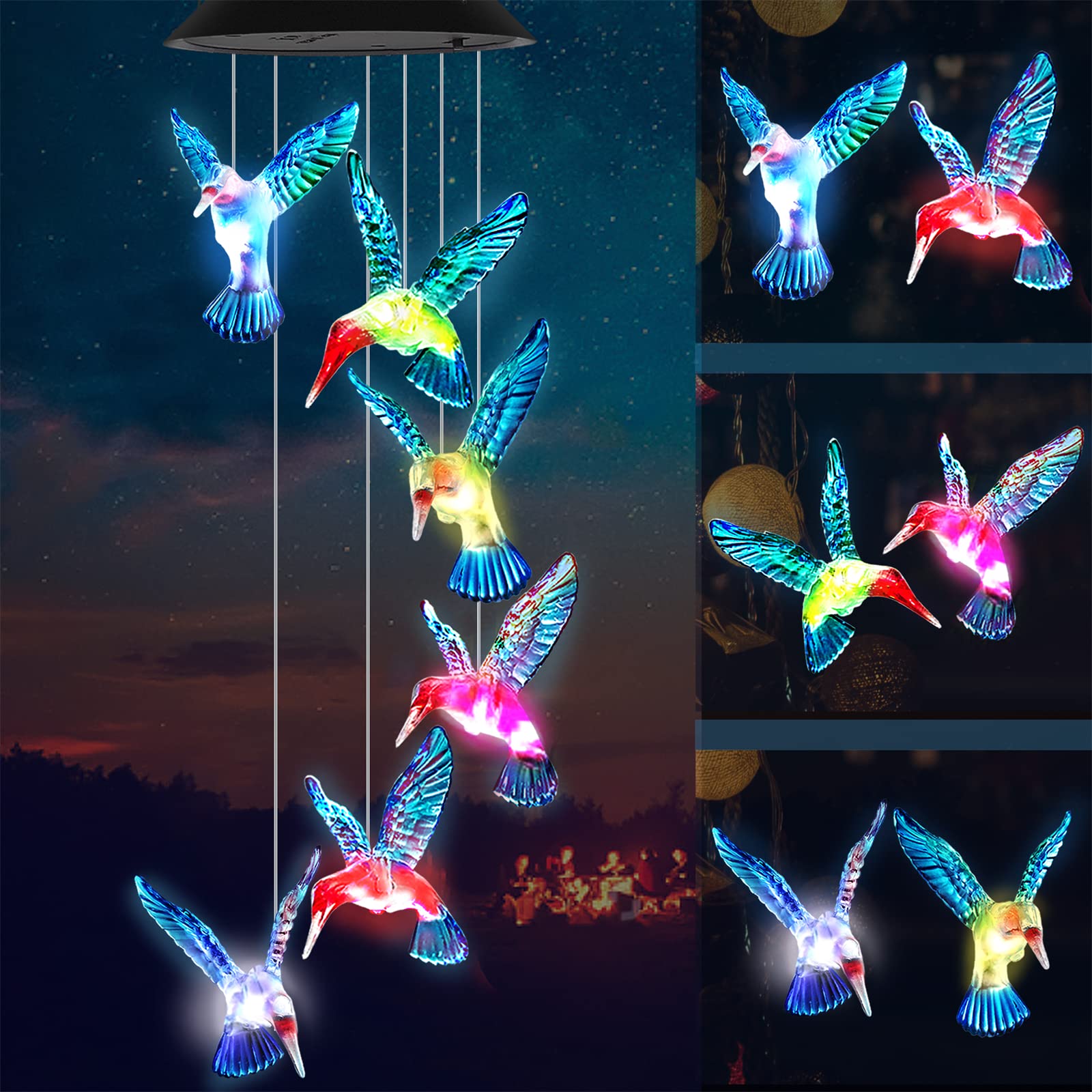Solar Hummingbird Wind Chime Lights - Color Changing Outdoor Garden Decor with Solar Power | Perfect Birthday Gift for Mom, Women & Memorial Present | Ideal for Patio, Christmas Decor & Backyard Relaxation