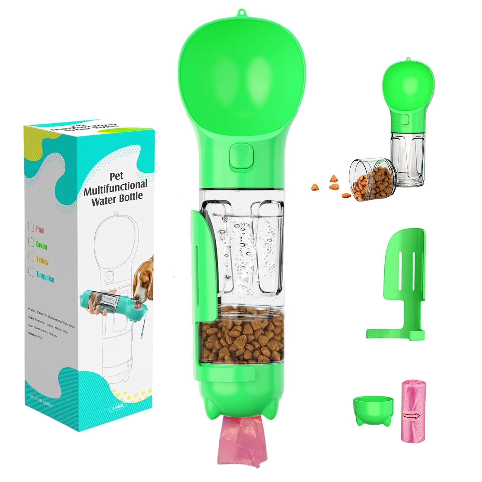 Muchpets 4-in-1 Portable Dog Water Bottle with Food Container - Leak Proof Travel Water Dispenser for Dogs, Cats & Rabbits - Includes Collapsible Bowl, Scoop & Waste Bags - Perfect for Walking, Hiking & Outdoor Adventures