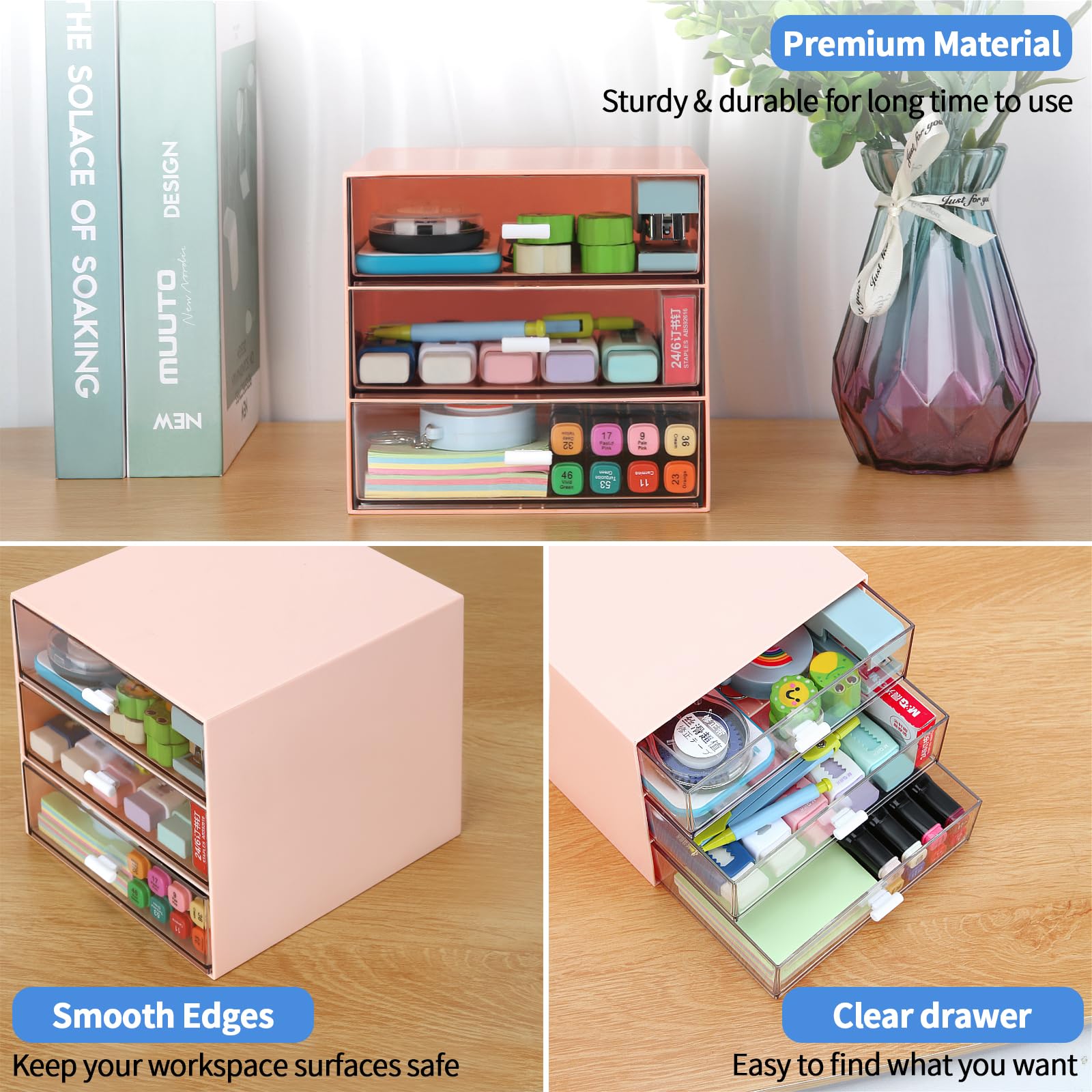 4-Drawer Clear Plastic Desk Organizer - Pink Office Storage Box for Pens, Pencils, Markers & Supplies | Perfect for Home Office, School & Workspace Organization