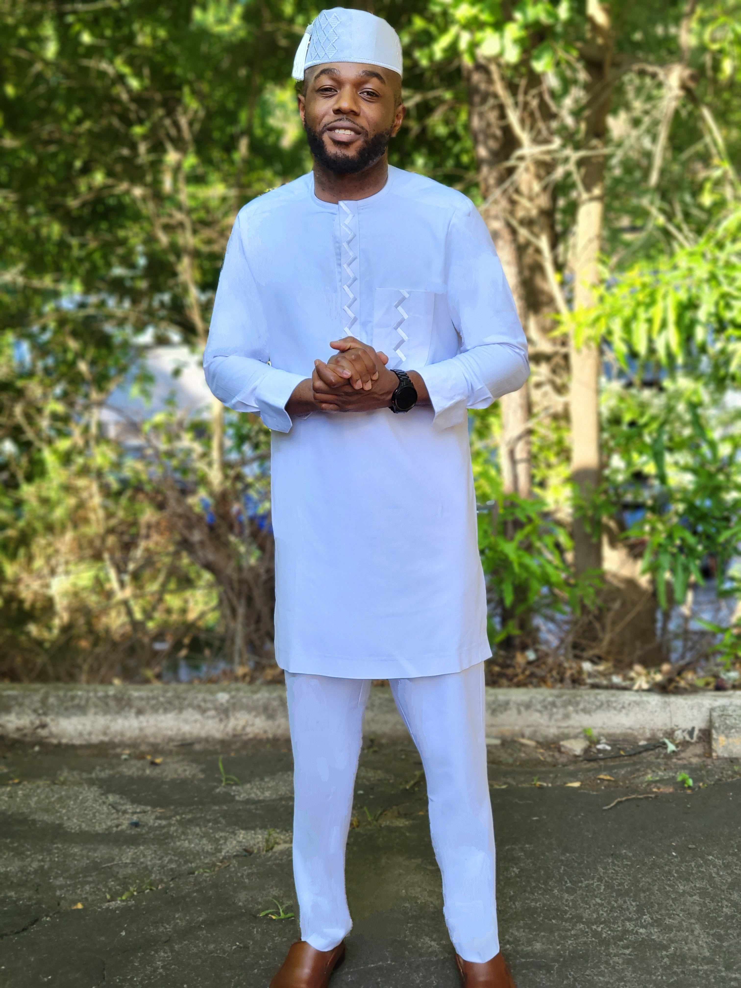 Felix Embroidered White African Senator Kaftan Dashiki Top with Matching Pants DPXWSS5 | Traditional Nigerian Wedding Outfit | Perfect for African Parties, Cultural Events & Special Occasions