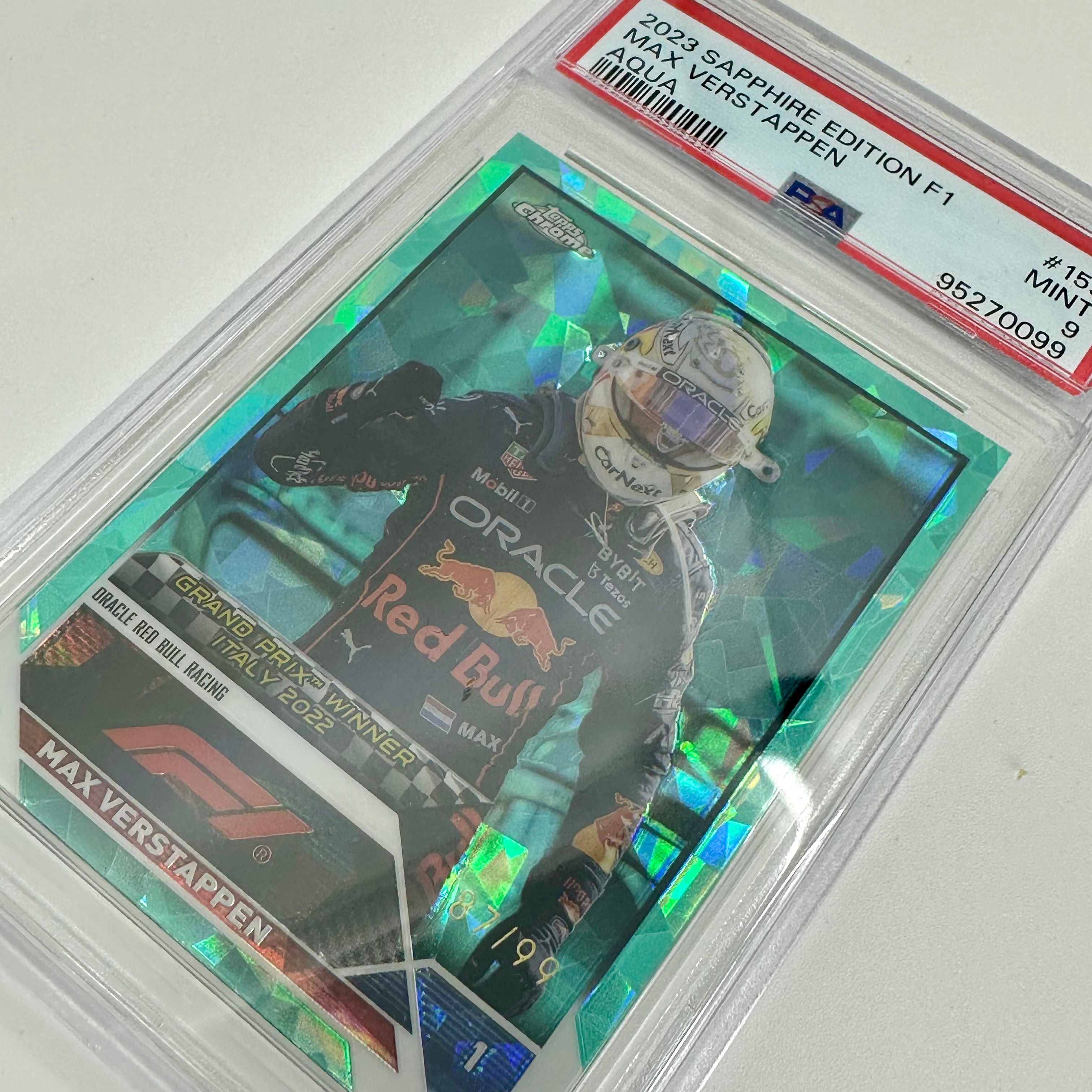 2023 Topps Chrome Sapphire Aqua Max Verstappen #159 PSA 9 /99 - Rare F1 Racing Card for Collectors & Sports Memorabilia Enthusiasts