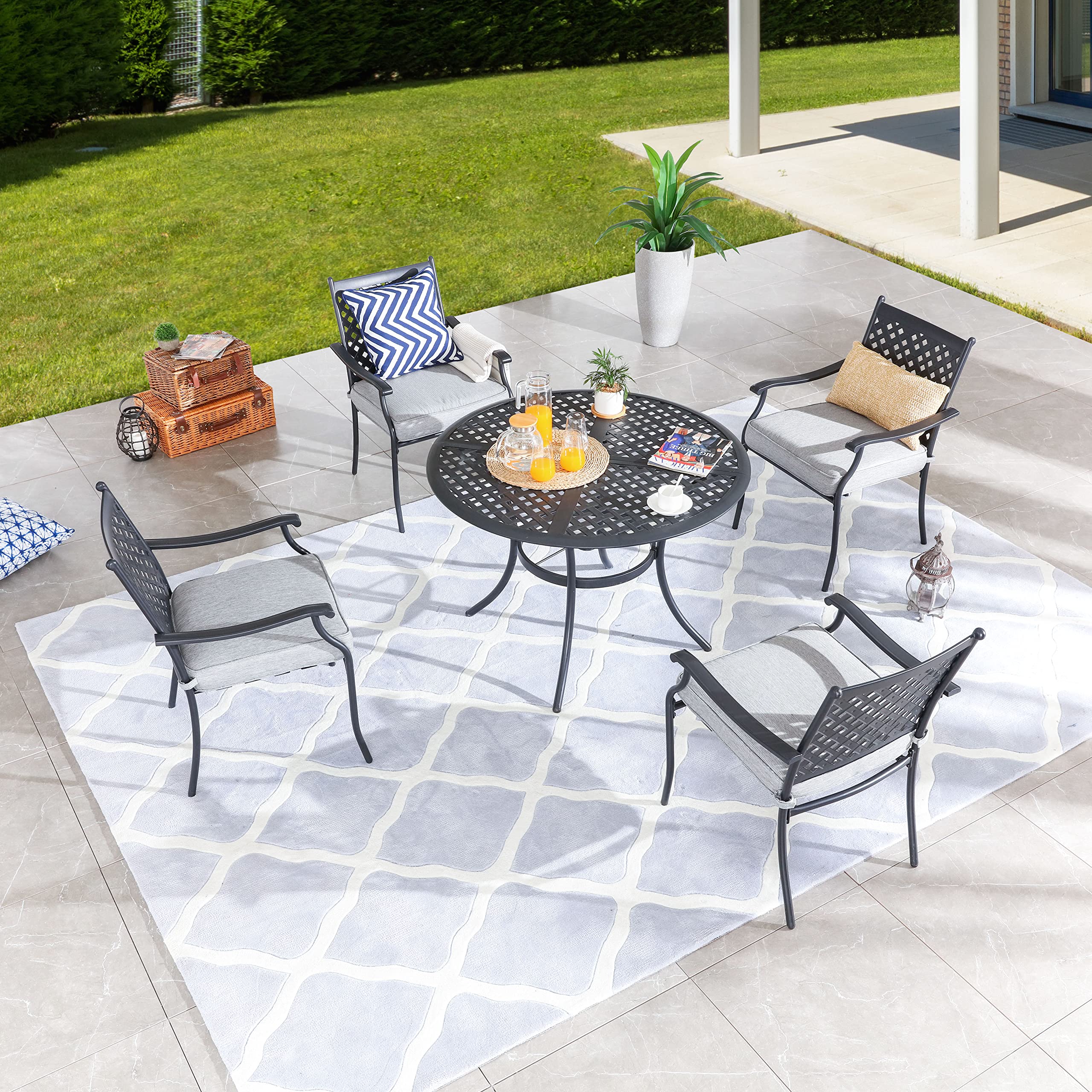 LOKATSE HOME 5-Piece Outdoor Dining Set - Metal Patio Furniture with Round Table & 4 Chairs, Umbrella Hole - Grey - Perfect for Backyard, Garden, Poolside & Deck Relaxation