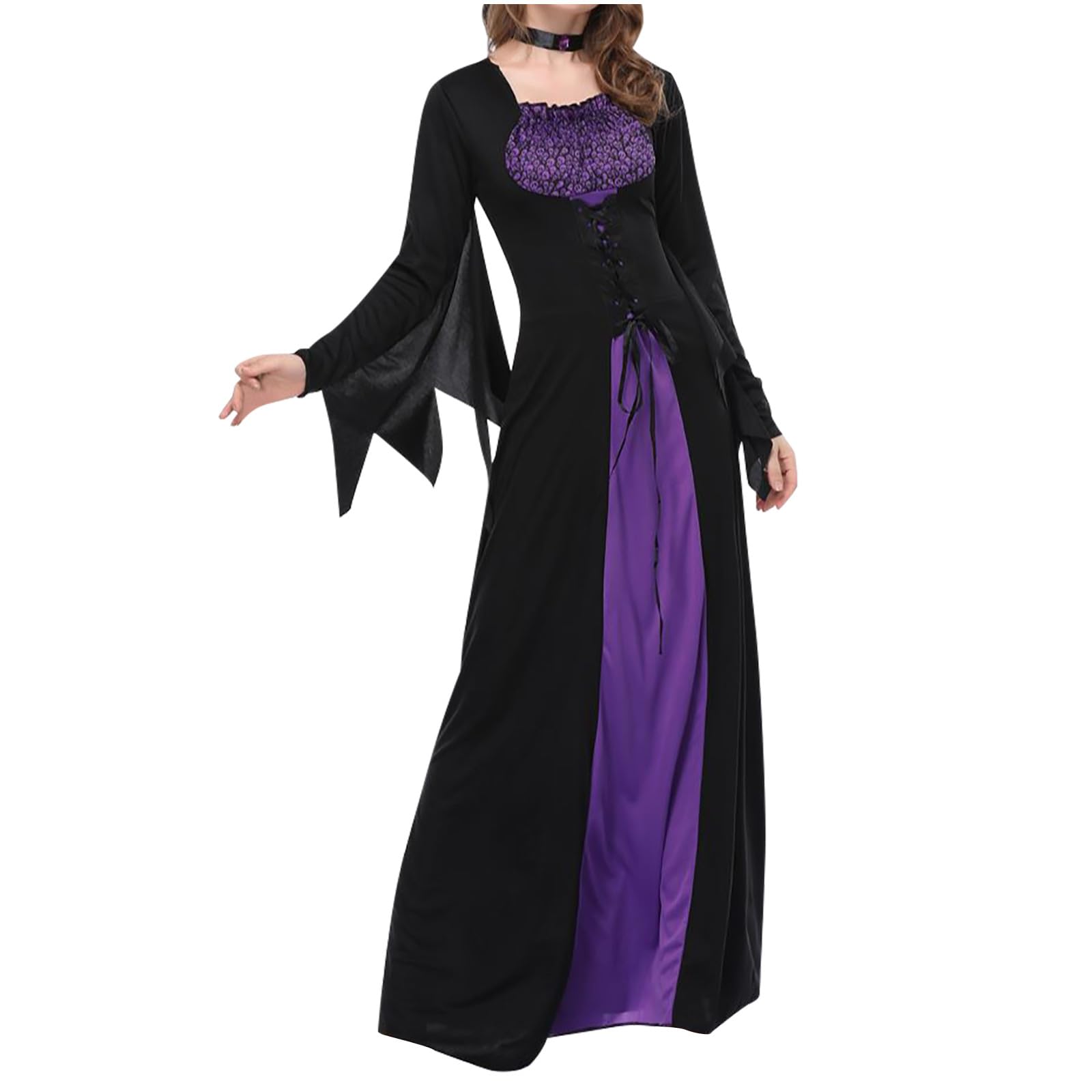 Gothic Witch Dress for Women - Medieval Renaissance Long Sleeve Maxi Dress with Lace Ruffle Trim | Halloween Costume, Cosplay, LARP & Gothic Fashion