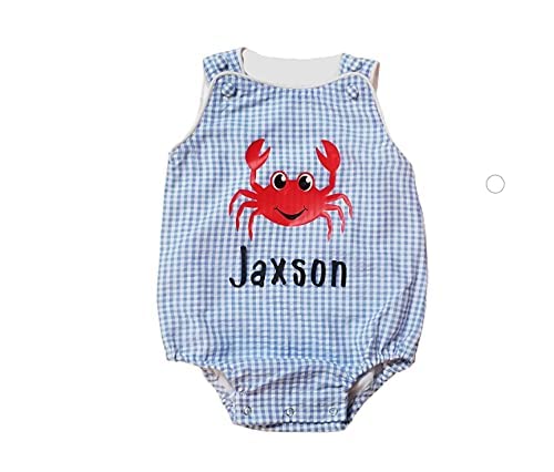 Personalized Crab Romper for Baby Boys - Blue Check Nautical Design, Perfect for Beach Outings, Birthday Parties & Cake Smash Photos | Adorable Toddler Outfit