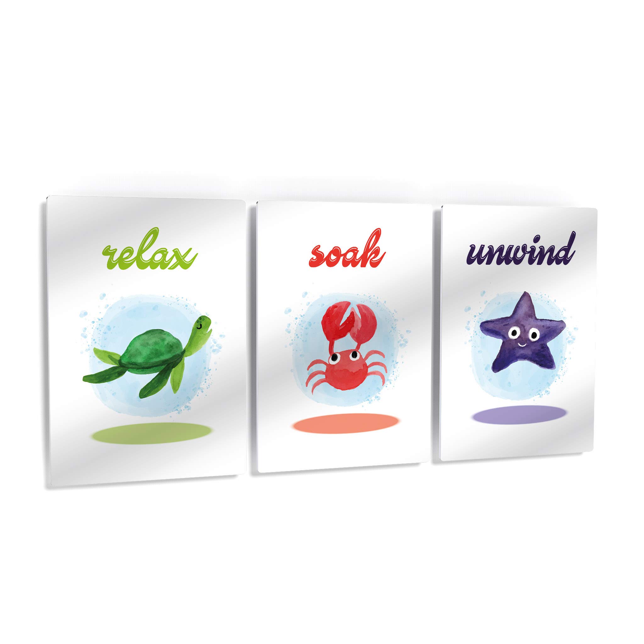Smile Art Design Relax, Soak, Unwind Quote Bathroom Decor - 3 Piece Metal Print Set with Sea Turtle, Starfish & Crab - Funny Bathroom Signs for Kids - Nursery Wall Art Ready to Hang (17x11 Inches) - Perfect for Coastal Themed Bathrooms, Beach House Decor & Children's Room Wall Decor