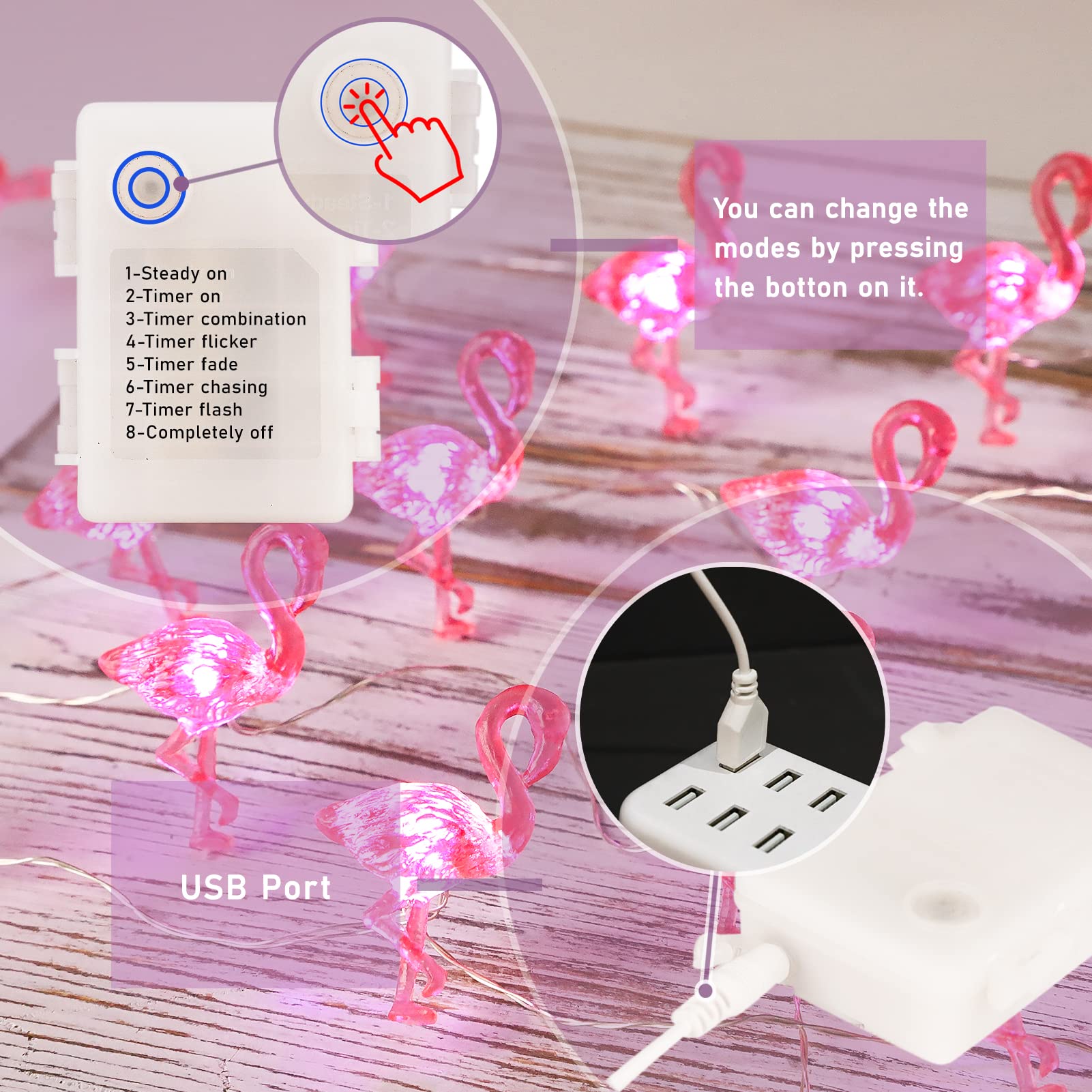Pink Flamingo String Lights - 10ft 30LEDs Battery Operated & USB Powered with Remote Control - Tropical Fairy Lights for Home Decor, Party, Wedding, Backyard, Patio, Bedroom, and Outdoor Summer Decorations
