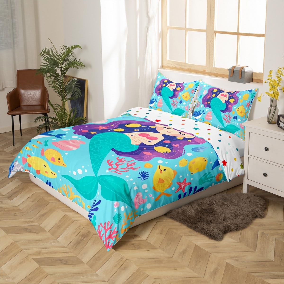 Mermaid Bedding Set for Girls - Kawaii Twin Duvet Cover with Cute Cartoon Whale & Octopus Tentacles - Pastel Teal Fish Scale Mermaid Tail Comforter Cover for Kids - Perfect for Little Mermaid Themed Bedroom Decor - Ideal for Birthday Gifts, Sleepovers & Fantasy Room Makeovers