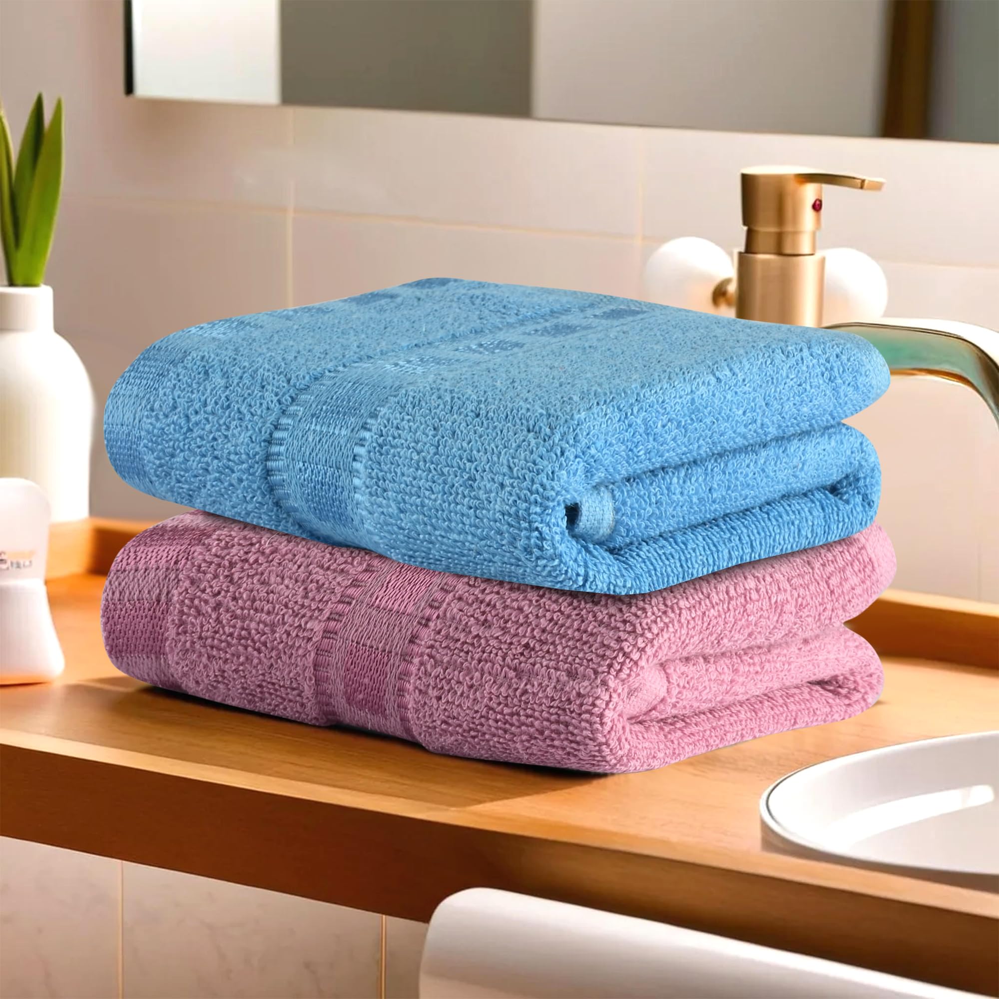 Kuber Industries 2-Pack Soft Cotton Hand & Face Towels for Men & Women | Quick-Dry & Machine Washable | Gym Workout Towel, Travel Napkin, Pocket Towel | Pink & Sky Blue | Perfect for Fitness, Yoga, Travel & Daily Use