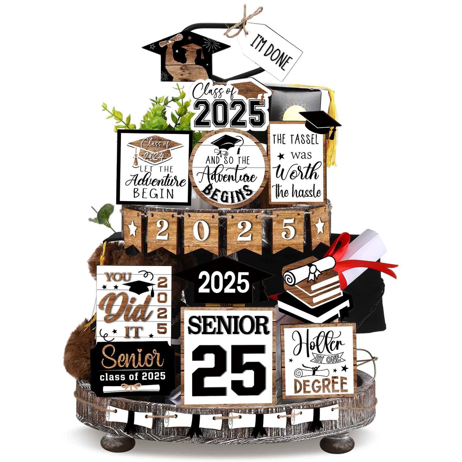 22 Pcs 2025 Graduation Tiered Tray Decor Set - Farmhouse Style Table Centerpieces with Class of 2025 Signs - Black & White Graduation Party Decorations for Home, School Events & Photo Backdrops