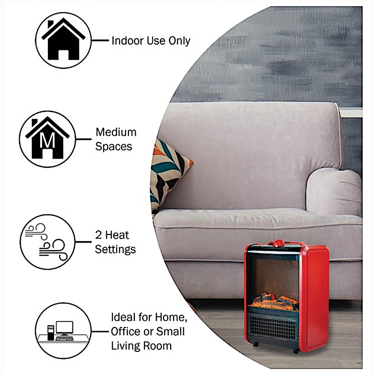 Portable Flame Effect Mini Fireplace Heater - Realistic Electric Fireplace with Adjustable Temperature, Red - Perfect for Bedroom, Office & Small Space Heating