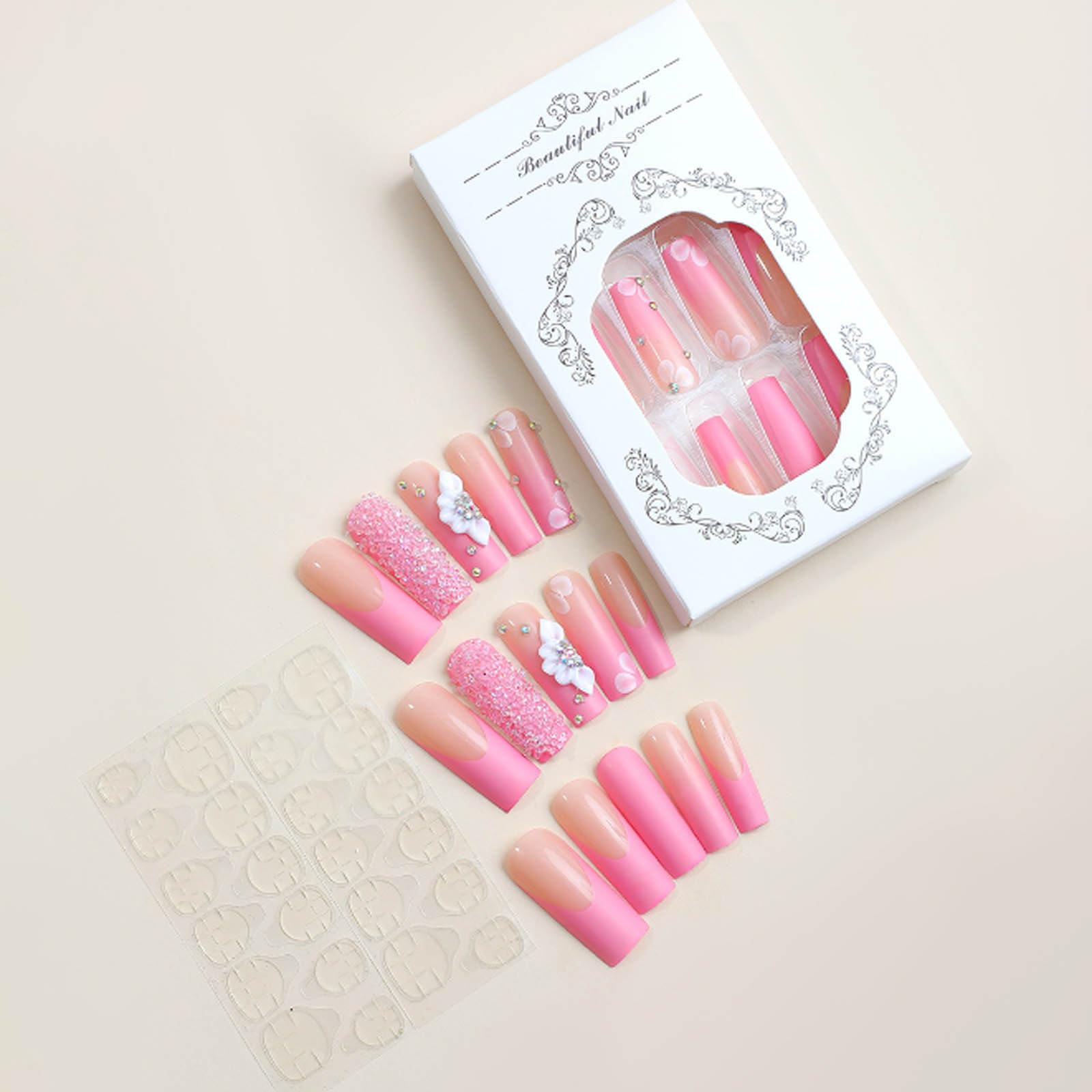 24PCS Long Square Press on Nails - Pink Gradient Acrylic Fake Nails with Bling Flower Designs, Full Cover Artificial Nails for Women & Girls - Perfect for Parties, Weddings & Special Occasions