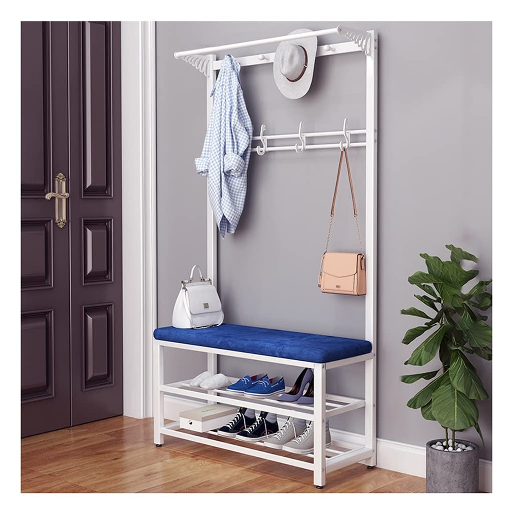 YAWEDA 4-in-1 Industrial Hall Tree with Shoe Bench - Entryway Coat Rack & Shoe Storage Organizer with 13 Hooks, Metal Frame (Blue, 80x33x170cm) - Perfect for Small Spaces, Apartments & Mudroom Organization