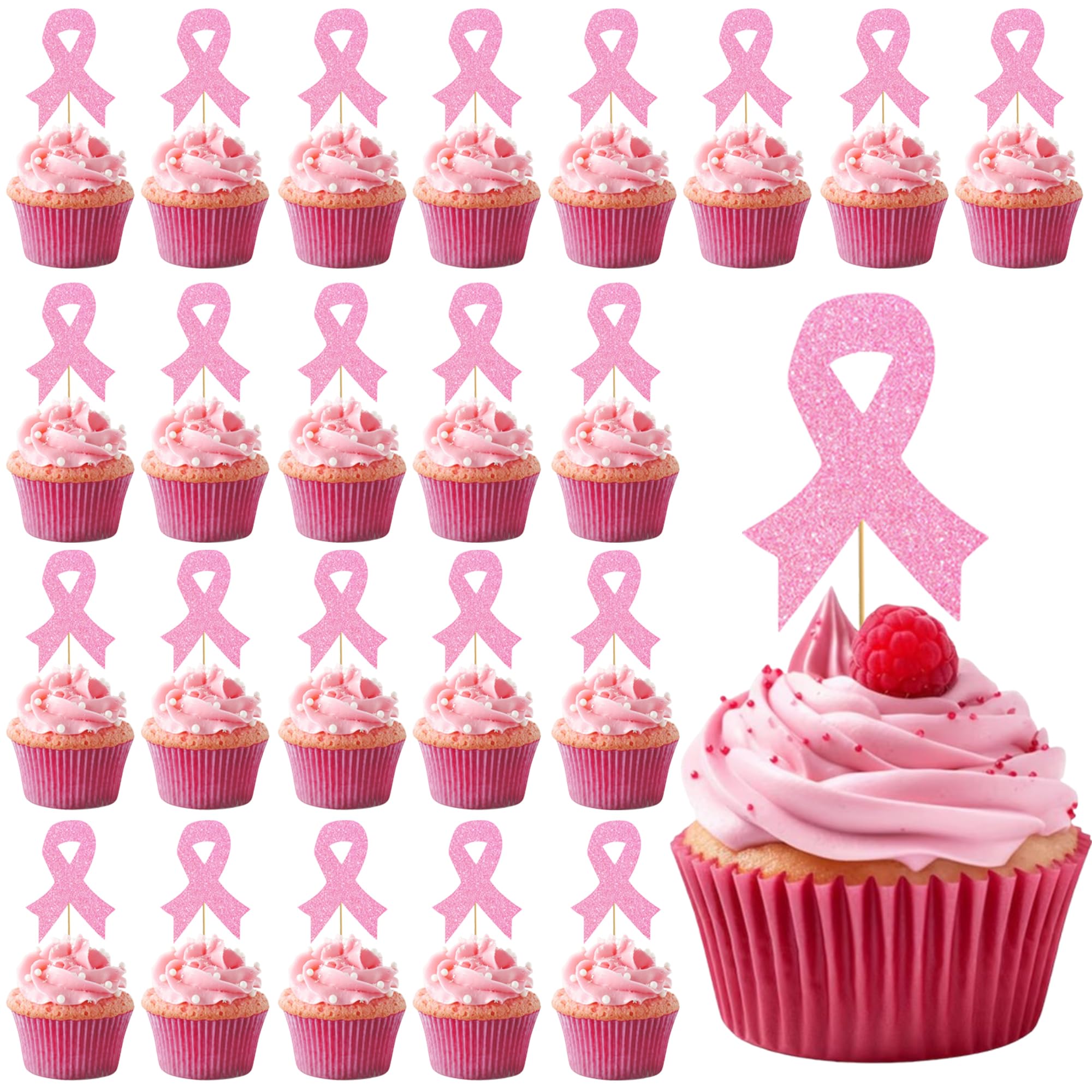 24 Pcs Pink Ribbon Breast Cancer Cupcake Toppers - Glitter Cupcake Decorations for Awareness Events, Fundraisers & Birthday Cakes - Perfect for Pink Themed Parties, Bake Sales & Survivor Celebrations