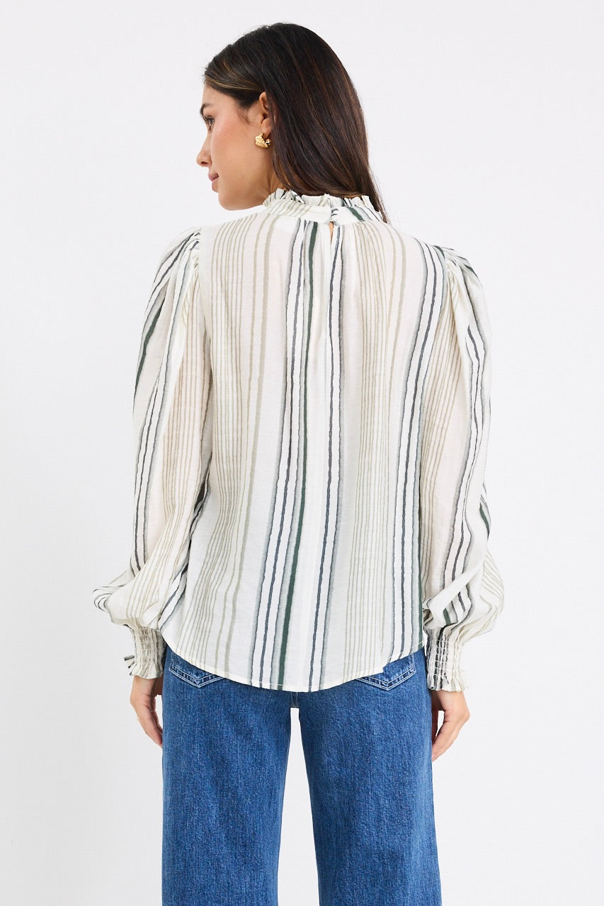 Poet Forest Stripe Long Sleeve High Neck Tops for Women - Elegant Casual Blouse for Work, Date Night & Fall Outfits