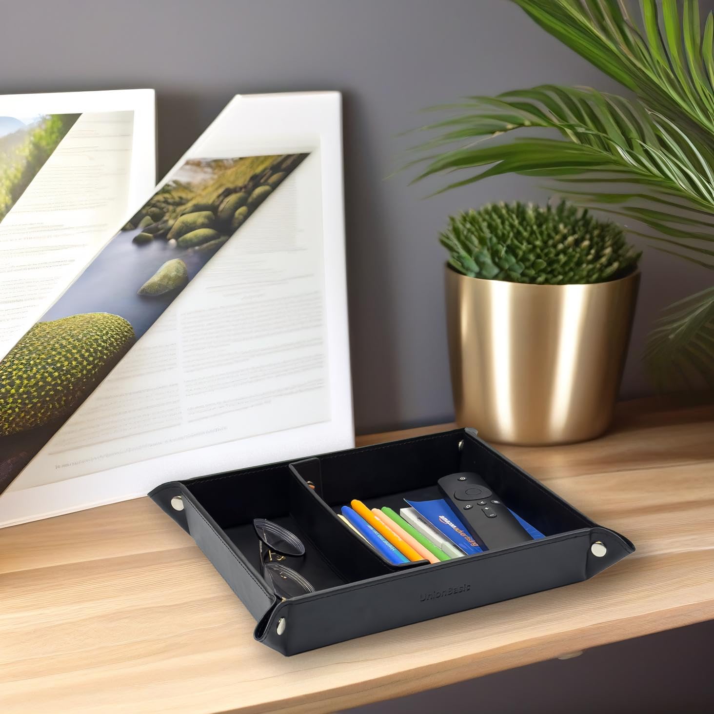 UnionBasic Medium Valet Tray - Jewelry Organizer for Rings, Watches, Earrings | Entryway Catchall for Keys, Coins, Wallets | Nightstand Organizer for Phones, Smartwatches | Perfect for Bedroom, Bathroom & Office Use - Black