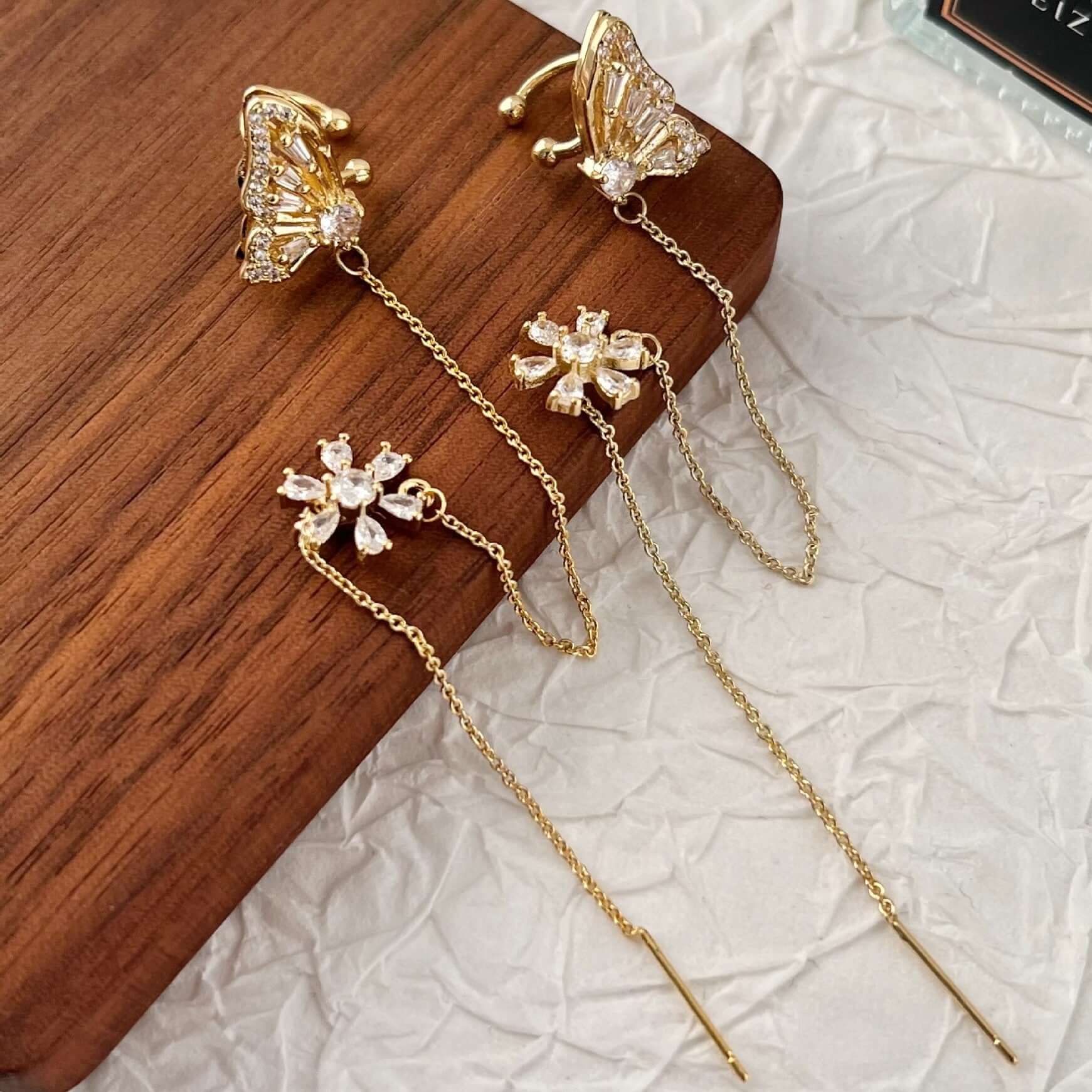 Classic Flower Tassel Earrings with Chain Ear Cuff - Elegant Bohemian Jewelry for Women | R0281 | Perfect for Parties, Weddings & Everyday Wear