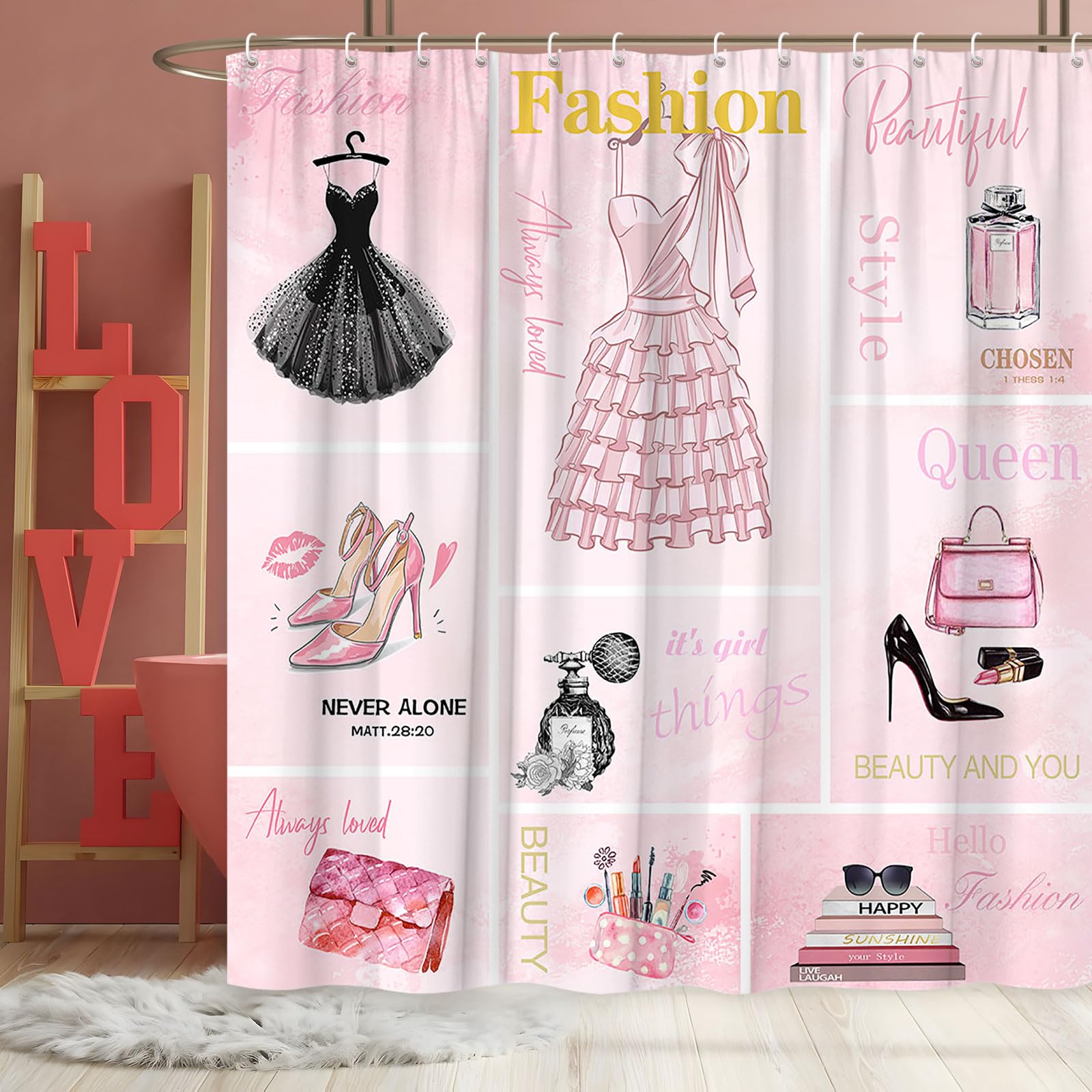 Stylish Pink Floral Shower Curtain with Golden Accents - 70x70 Inch Waterproof Bathroom Decor for Girls & Women | Perfect for Modern Bathrooms, Dorm Rooms & Feminine Home Decor