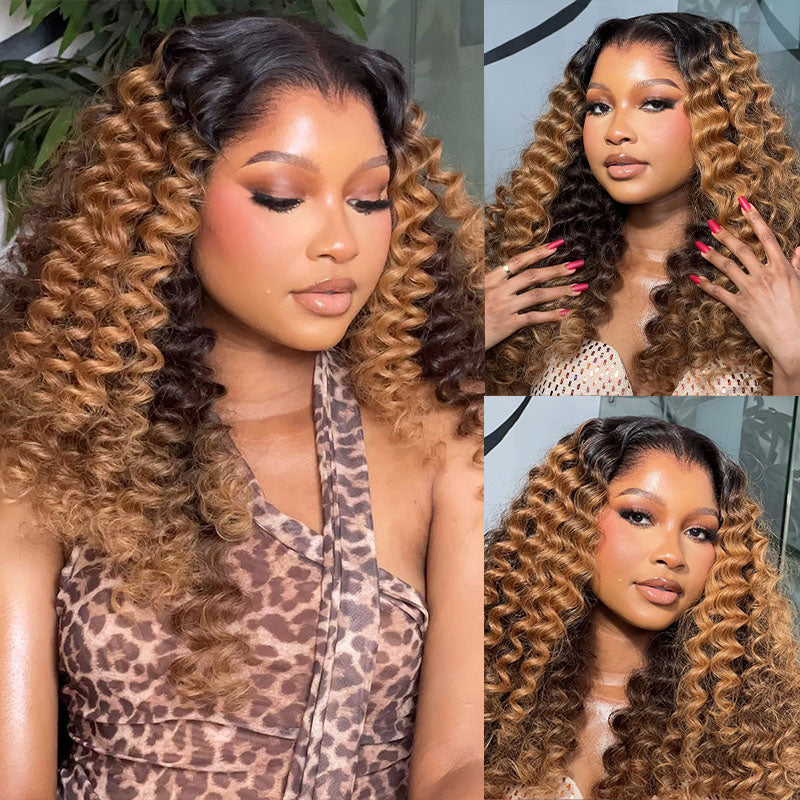 Eullair T1B Honey Brown Deep Curly Human Hair Lace Front Wig - Pre-Colored Glueless Lace Wig for Women (EW012) | Natural Look for Daily Wear, Parties & Special Occasions