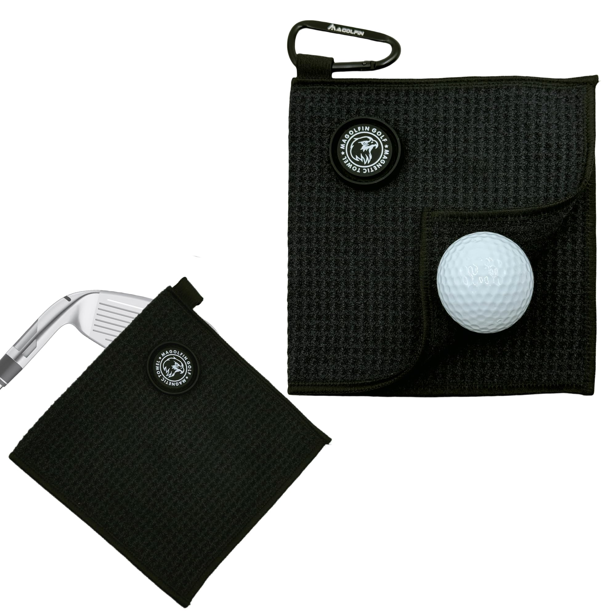 Premium Magnetic Golf Towel with Clip - Super Absorbent Microfiber Waffle Design - Strong Industrial Magnet for Golf Balls, Bags & Carts - Black - Perfect for Golf Course, Driving Range & Club Cleaning