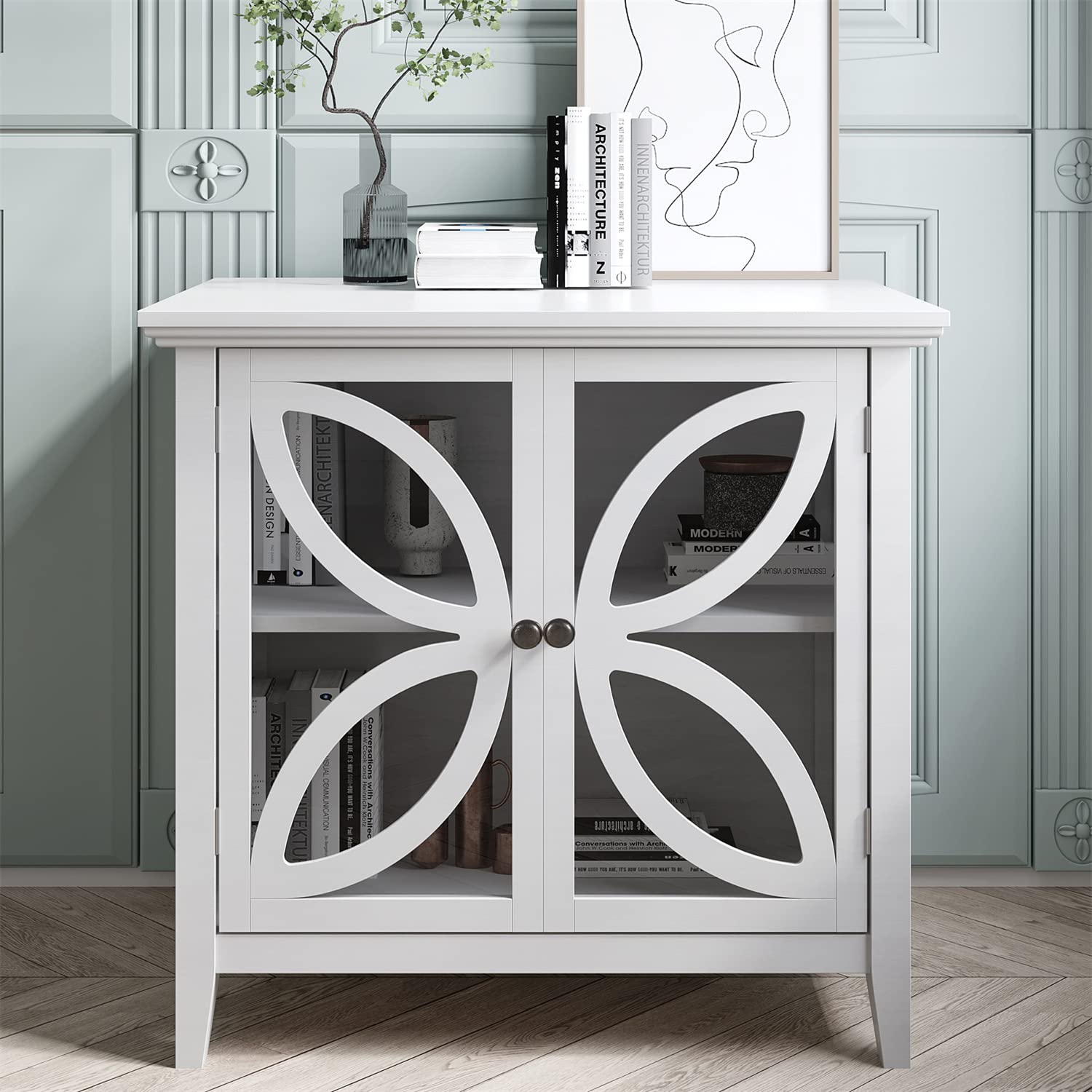 Modern Wooden Accent Storage Cabinet with Transparent Glass Doors - Buffet Sideboard for Entryway, Living Room & Bedroom - Perfect for Displaying Decor, Storing Linens or Organizing Essentials