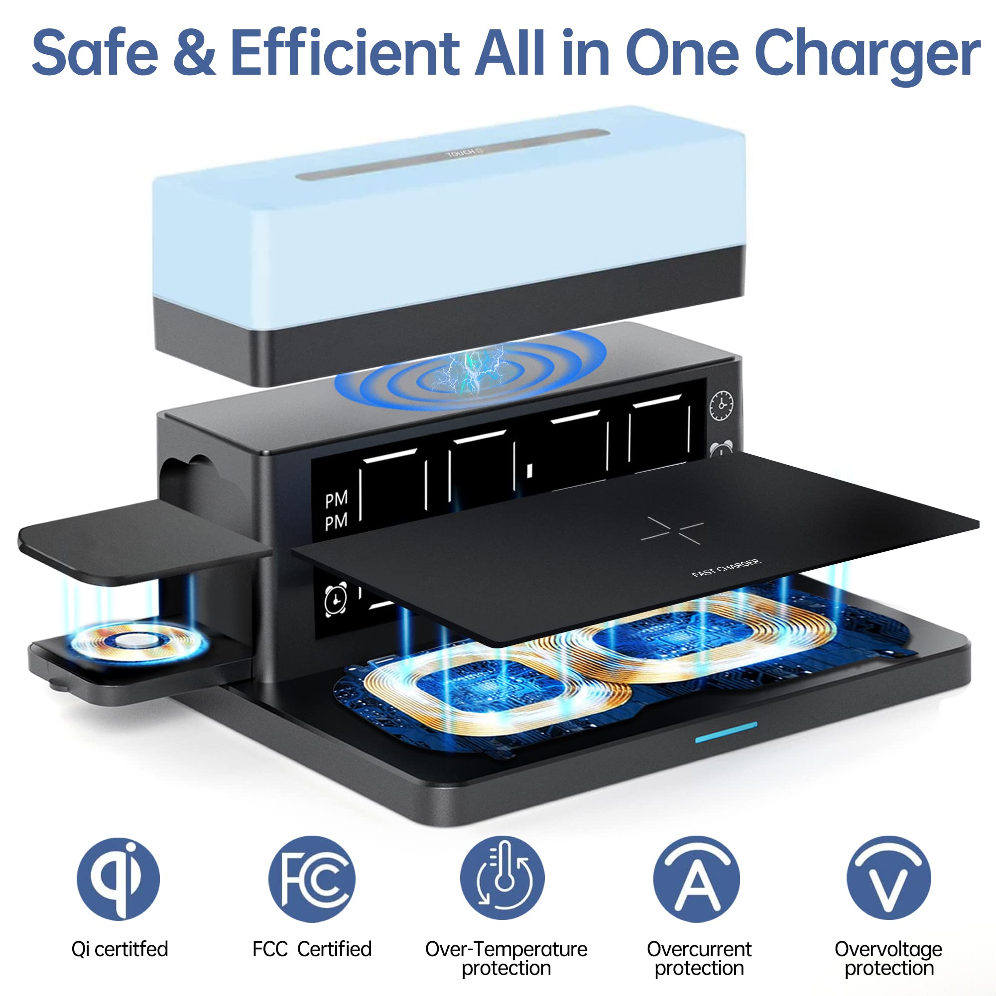 6-in-1 Wireless Charging Station with Digital Alarm Clock & Night Light - 15W Fast Charger for iPhone 14/13/12/11/XS, Samsung Galaxy, AirPods & Apple Watch - Perfect for Bedside, Office & Travel (Black)