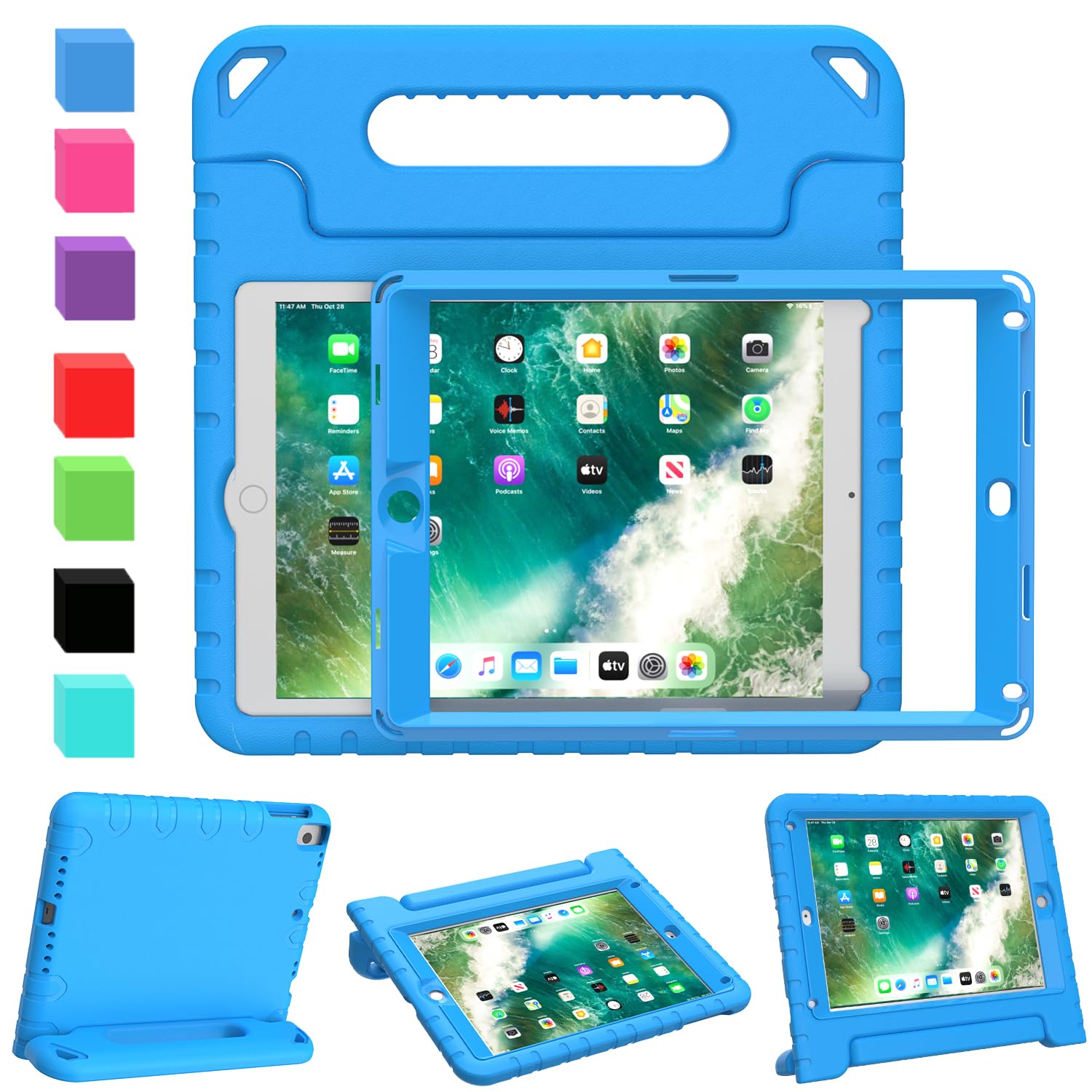 AVAWO Shockproof Kids iPad Case for iPad 9.7 (5th/6th Gen 2017/2018) & iPad Air 2 - Lightweight Convertible Handle Stand with Built-in Screen Protector | Durable Protective Cover for School, Travel & Home Use - Blue