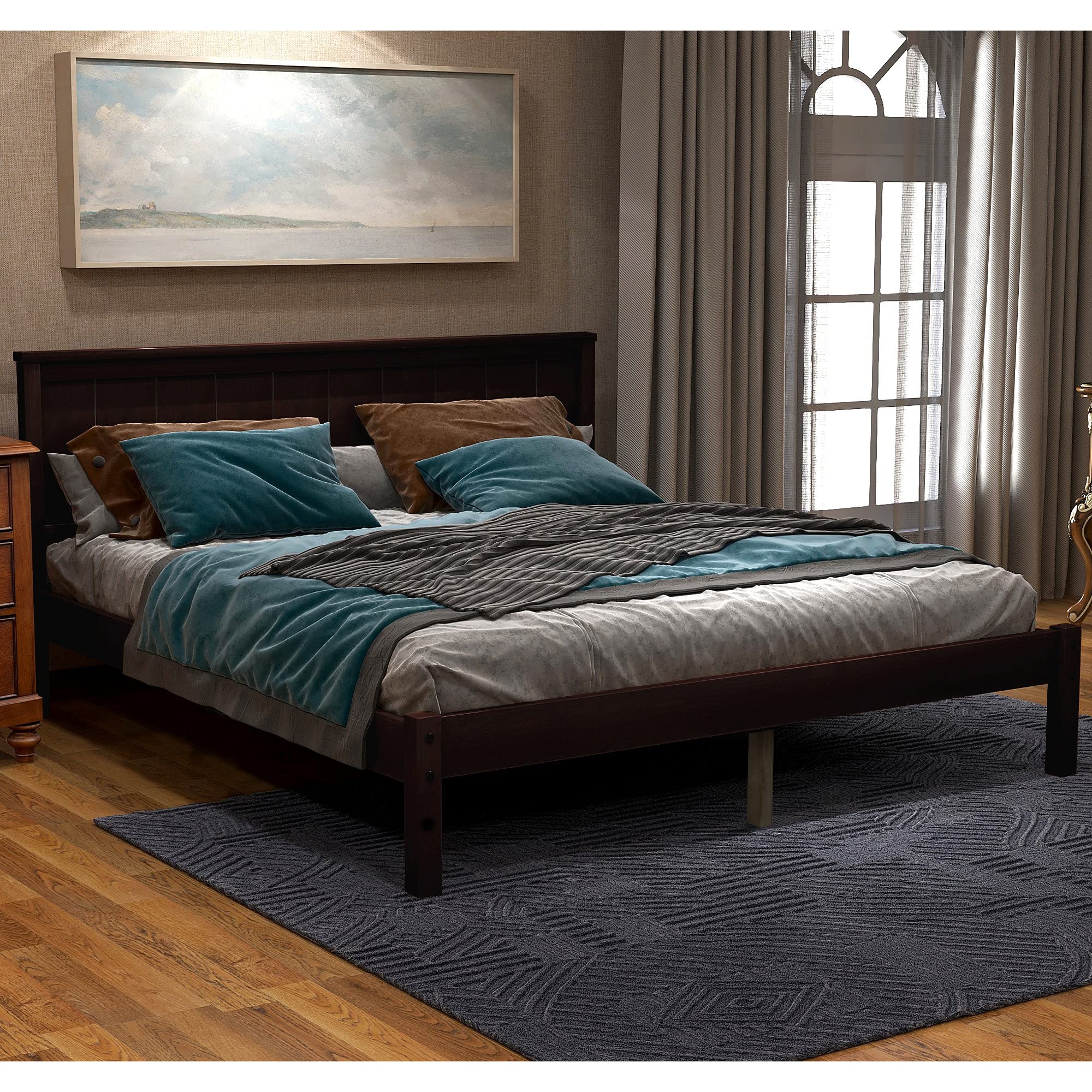 Wood Platform Bed Frame with Headboard - Full Size Espresso for Bedroom