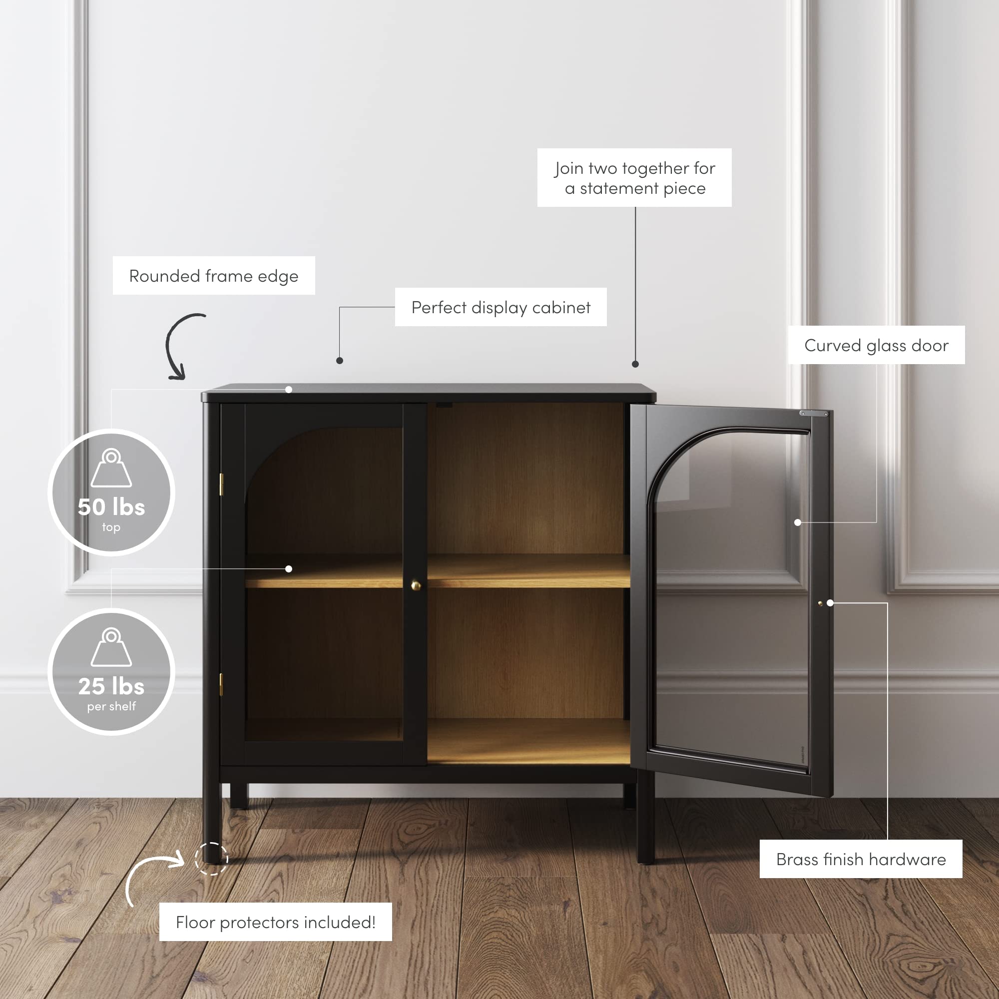 Nathan James Mason Modern Storage Cabinet - Black Oak Wood Buffet Sideboard with Glass Doors & Adjustable Shelf - Free Standing Accent Credenza for Dining Room, Entryway, Living Room - Perfect for Home Organization & Stylish Storage Solutions