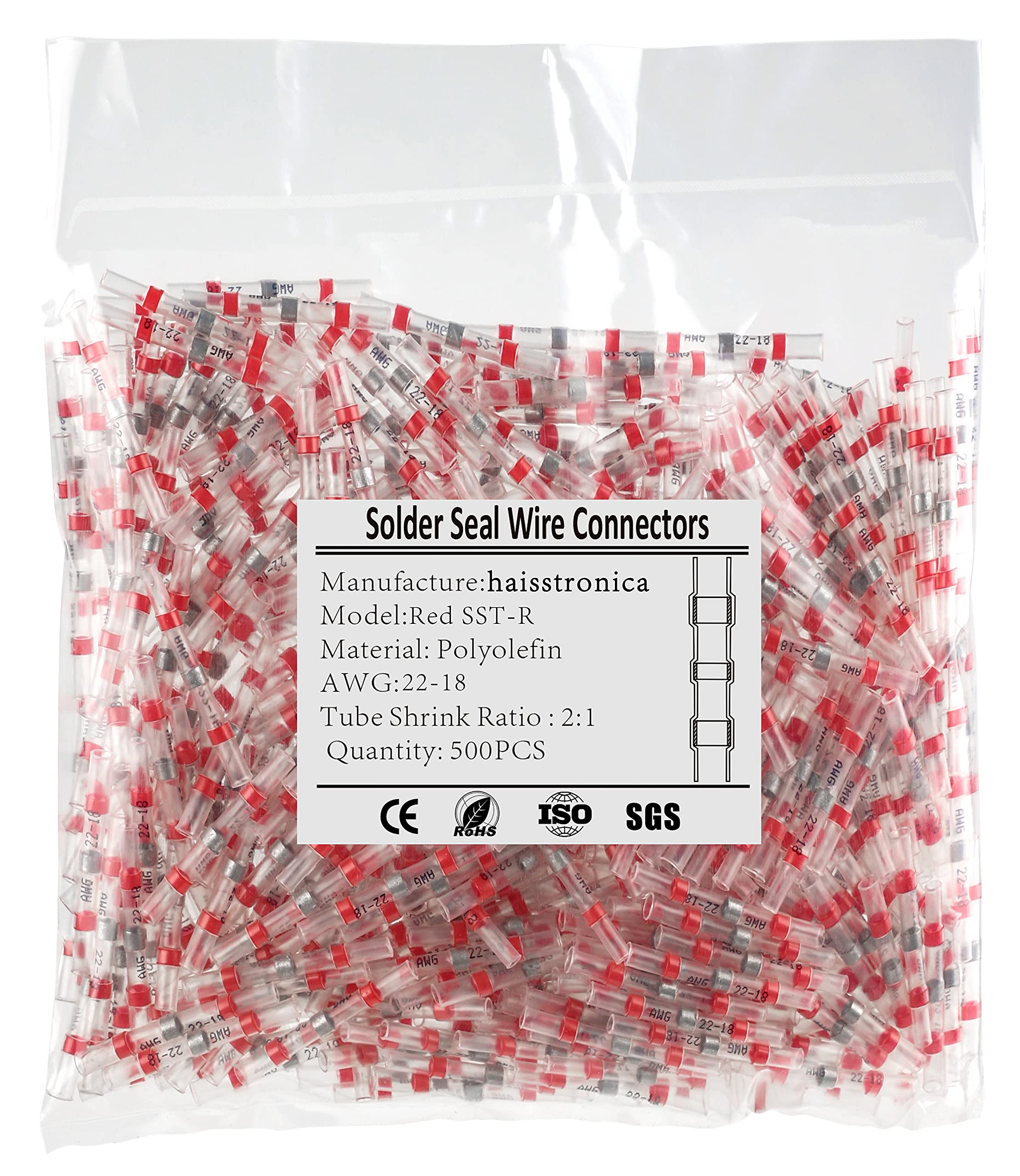 500PCS Red Solder Seal Wire Connectors AWG22-18, Haisstronica Marine Grade Waterproof Electrical Connectors - Heat Shrink Butt Splice for Automotive, Boat & Outdoor Wiring Applications