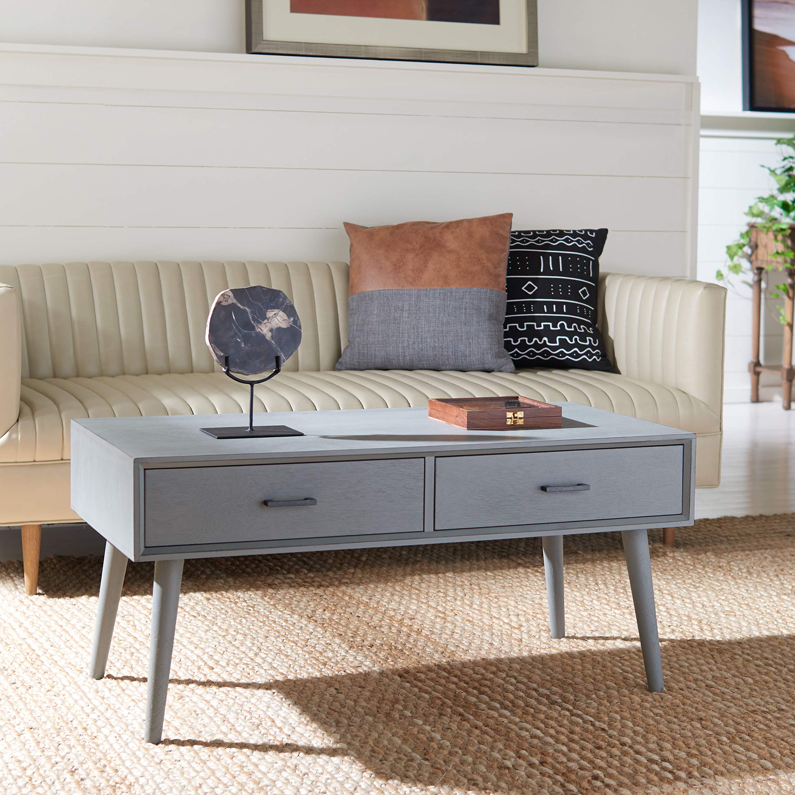 SAFAVIEH Home Collection Mozart Mid-Century Distressed Grey 2-Drawer Rectangle Coffee Table - Vintage Style Living Room Furniture for Small Spaces & Modern Apartments