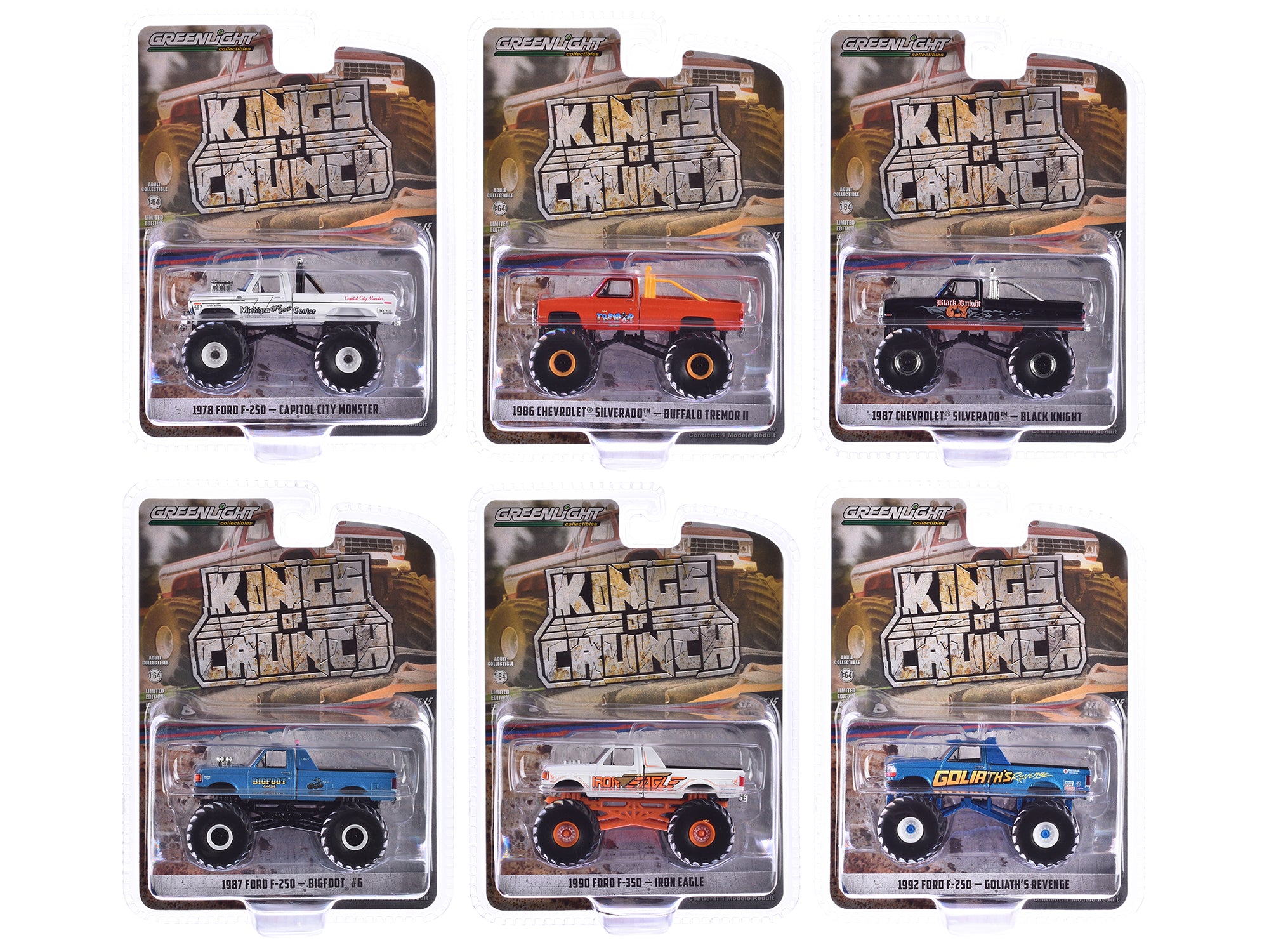 Greenlight 1/64 Diecast Monster Trucks Set of 6 - Kings of Crunch Series 15 Collectible Toy Cars for Kids & Adults | Perfect for Playtime, Display, and Gift Giving
