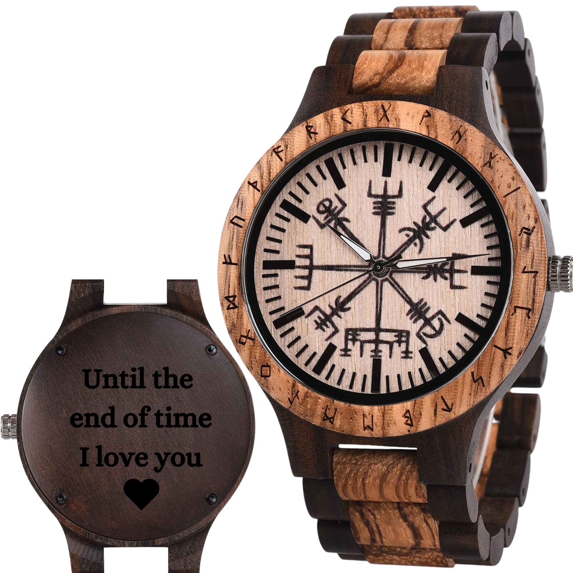 Vikingenes Handmade Wooden Watches for Men – Engraved Personalized Viking Watch, Natural Wood Wristwatch with Chronograph – Luxury Unique Gift for Him – Perfect for Outdoor Adventures, Formal Events & Anniversary Presents