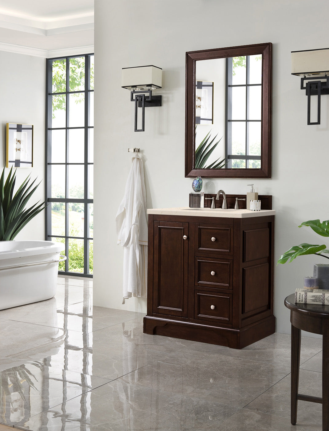De Soto 30 Inch Single Bathroom Vanity with Burnished Mahogany Cabinet & 3CM Eternal Marfil Quartz Countertop - Perfect for Modern Master Bathrooms & Powder Rooms