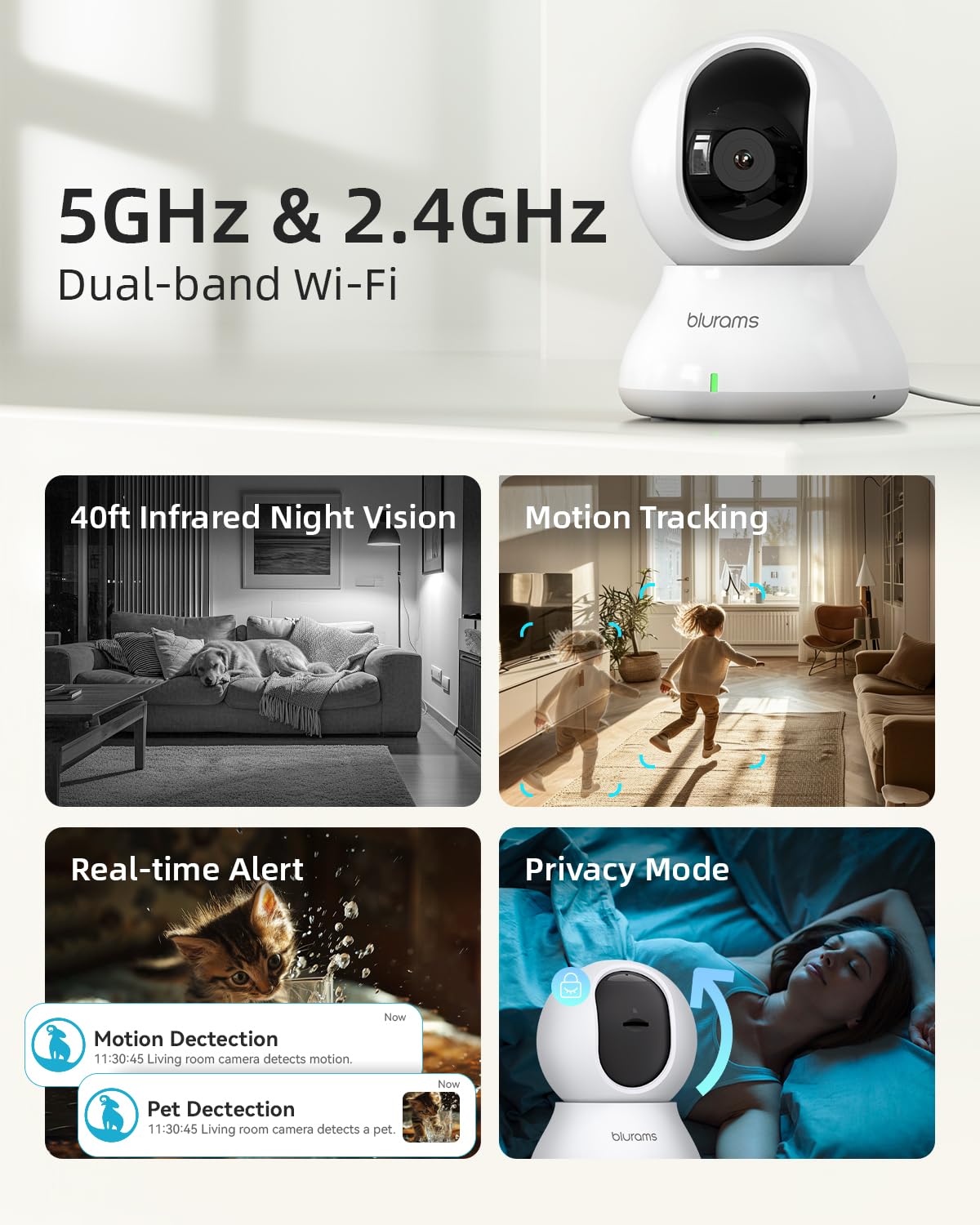 Blurams 2K Indoor Security Camera with 360° PTZ, 5GHz/2.4GHz Dual-Band WiFi, Motion Tracking, 2-Way Audio, IR Night Vision & Siren - Pet Monitoring & Home Security Camera for Dogs, Cats & Baby Safety (Cloud/SD Storage) - Perfect for Nursery, Living Room & Office Surveillance
