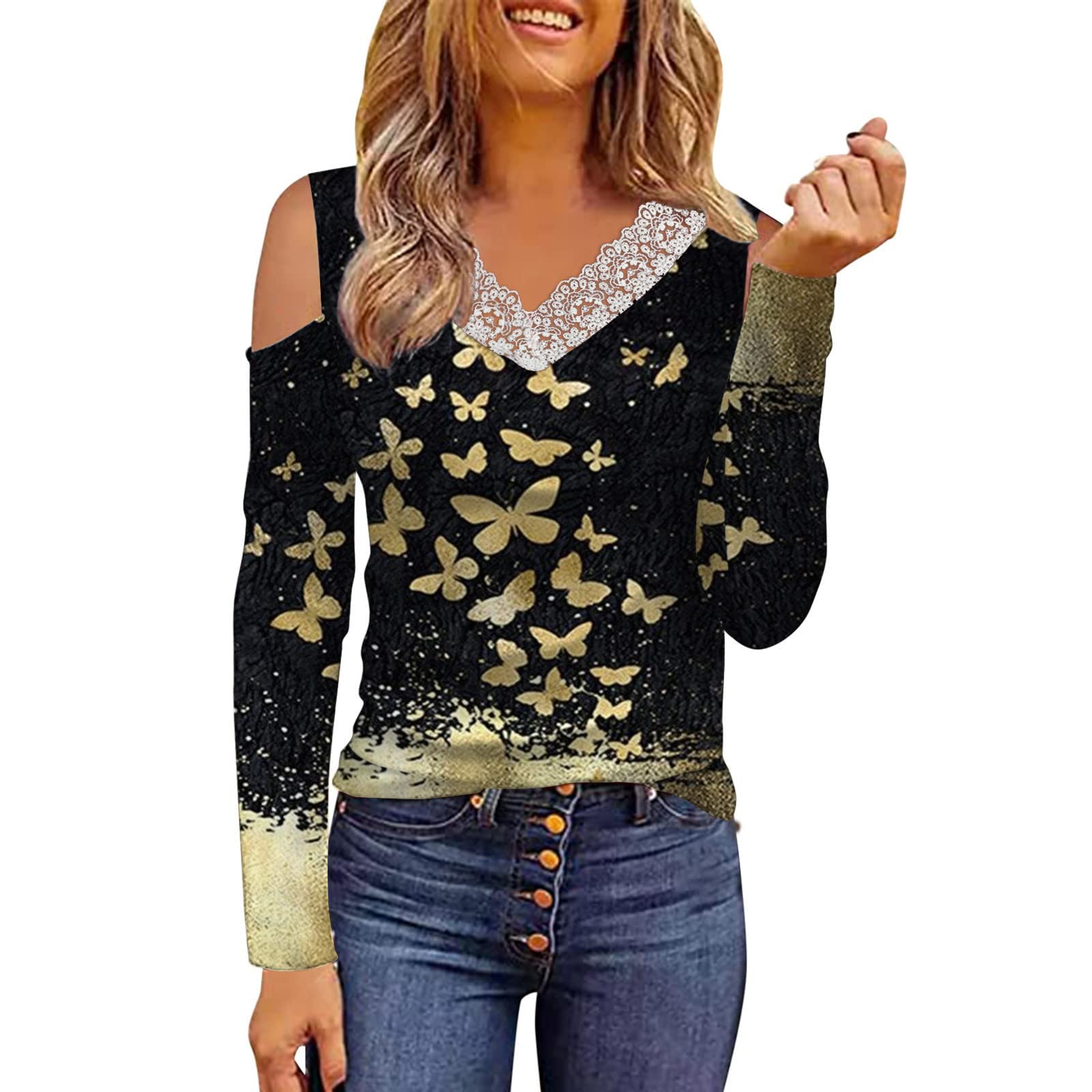 Women's Cold Shoulder Long Sleeve Tunic Top - Casual Printed Loose Fit Blouse for Spring/Summer, Perfect for Date Night, Office Wear & Weekend Outings