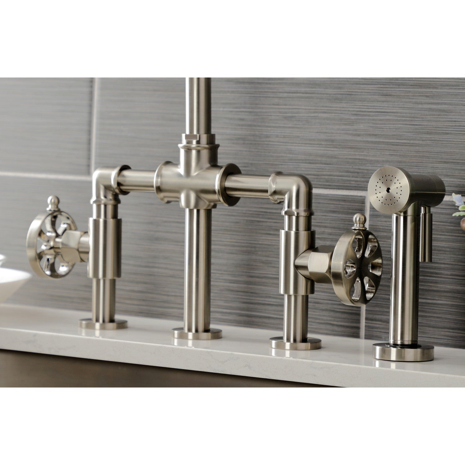 Belknap KS2338RX Brushed Nickel 4-Hole Deck Mount Bridge Kitchen Faucet with Brass Side Sprayer - Industrial Style Two Handle Design for Modern Farmhouse & Commercial Kitchens