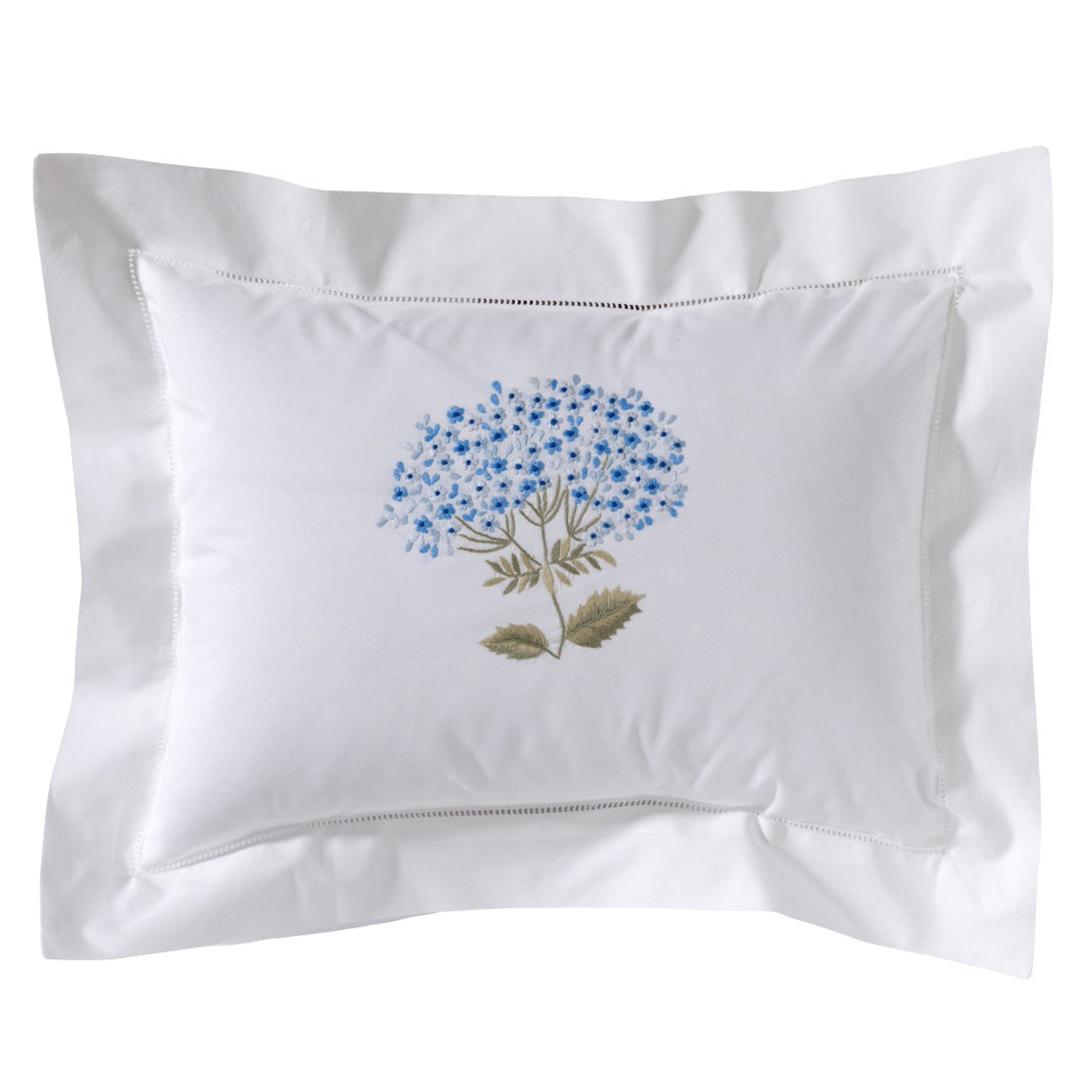 Embroidered Boudoir Pillow Cover with Hem Stitch Border - Hydrangea Blue & Sage Green Decorative Throw Pillow Case for Bedroom, Living Room, Sofa & Couch Decor