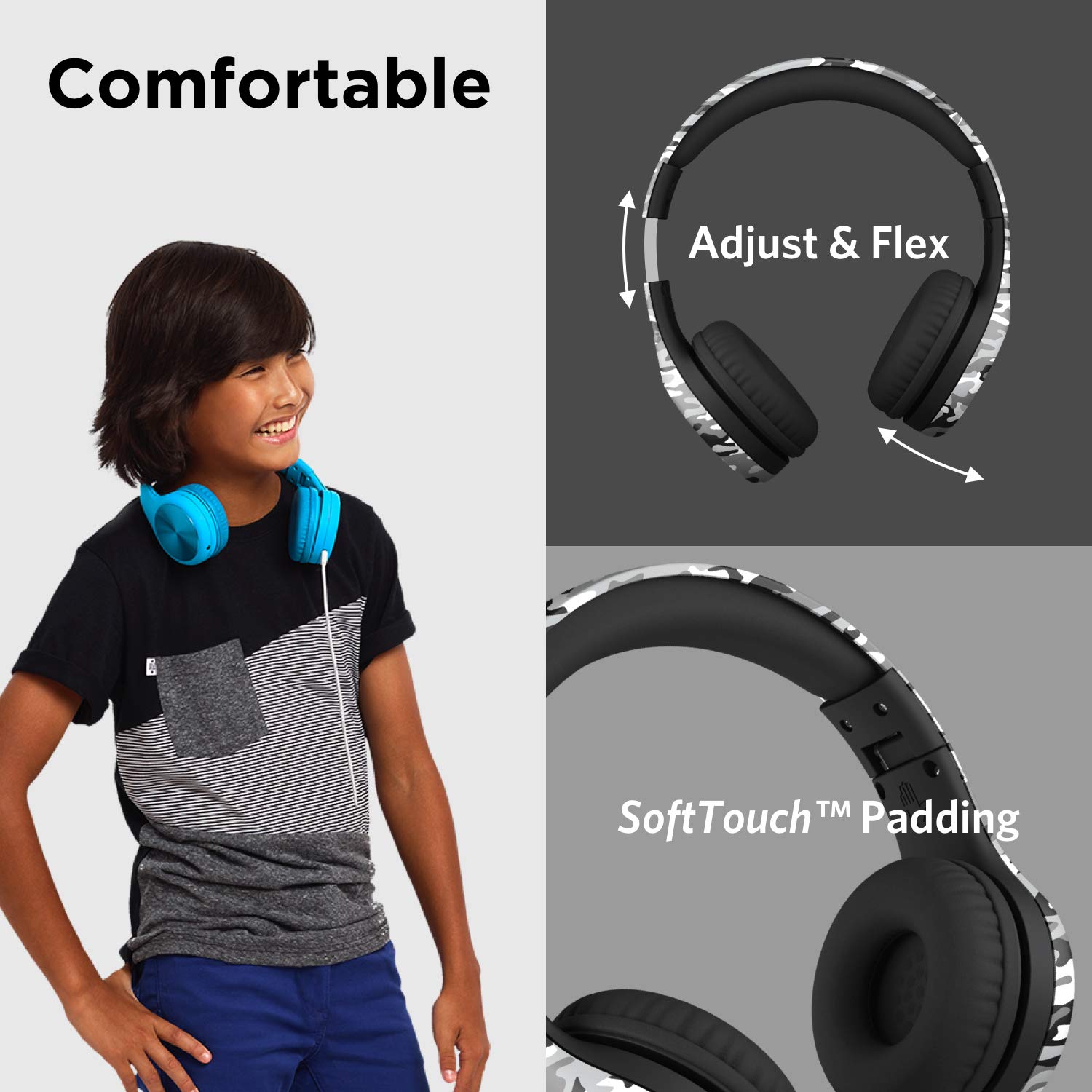 LilGadgets Connect+ Pro Wired Kids Headphones with Microphone - Volume Limiting, Noise Reducing Over-Ear Headset with SharePort Technology & SoftTouch Padding - Snow Camo Design for School, Travel & Home Use