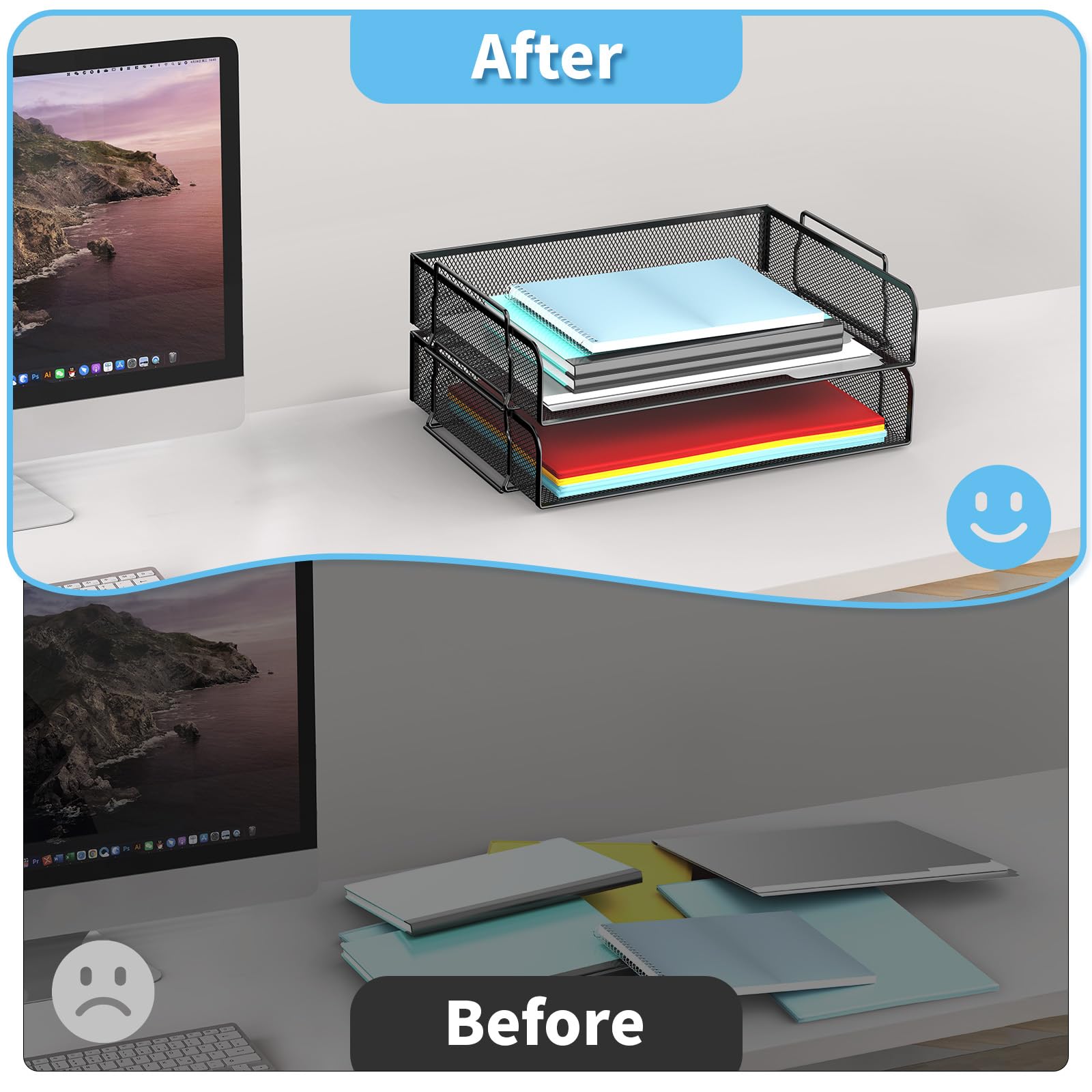 2 Tier Stackable Metal Mesh Letter Tray - Black Desktop File Organizer for Home & Office | Perfect for Mail Sorting, Document Storage, and Workspace Organization