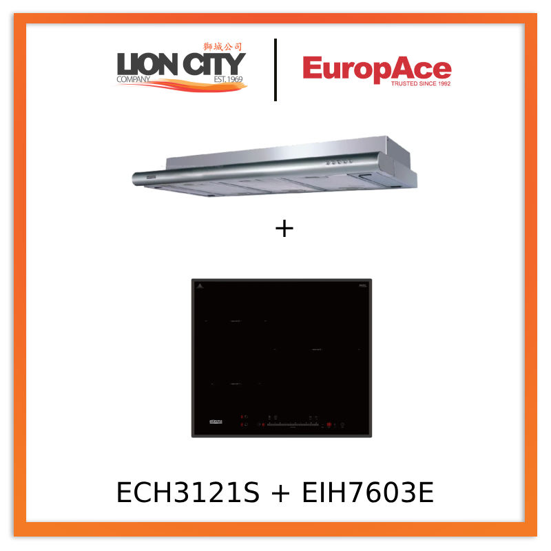 Europace ECH 3121S 90cm Deluxe Stainless Steel Slim Range Hood + EIH7603E 7 Series 60cm Induction Hob - Modern Kitchen Ventilation & Cooking Combo for Home Chefs