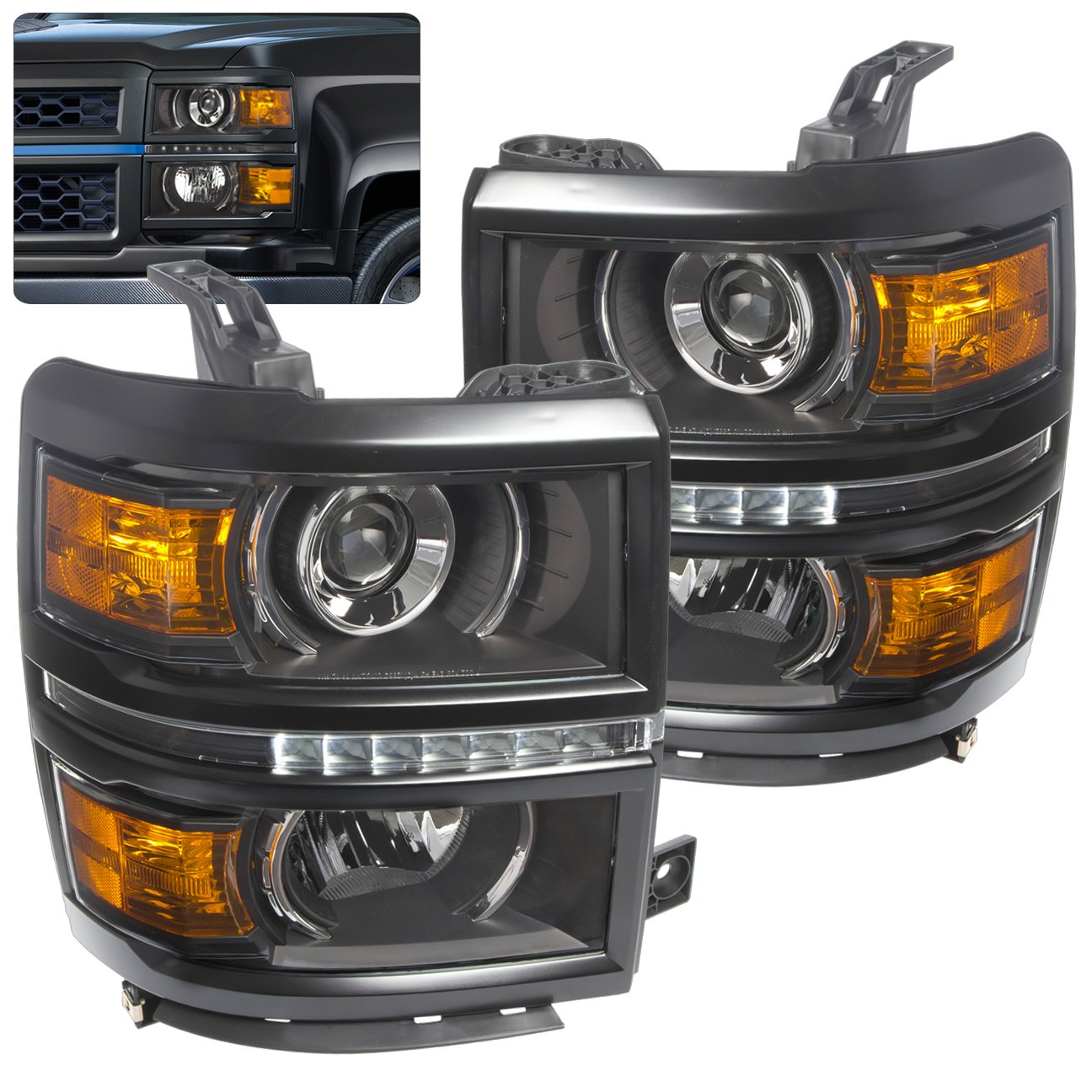 AJP Distributors LED Projector Headlights for Chevy Silverado 1500 2014-2015 - Black Housing, Clear Lens, Amber Reflector - High Performance Replacement & Upgrade Headlamps - Perfect for Night Driving & Off-Road Adventures