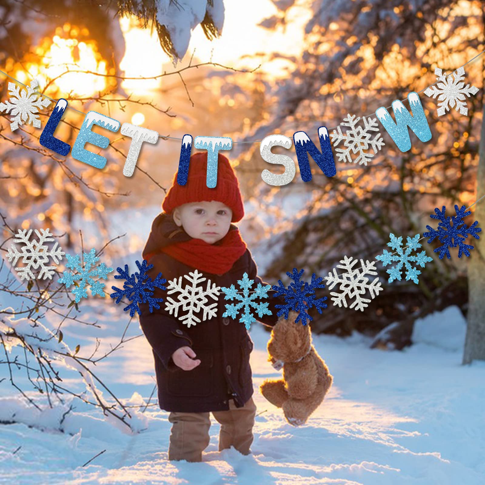 Let It Snow Banner with Snowflake Garland - Christmas Winter Party Decorations for Home, Office & Holiday Events - Perfect for Fireplace, Wall & Door Decor