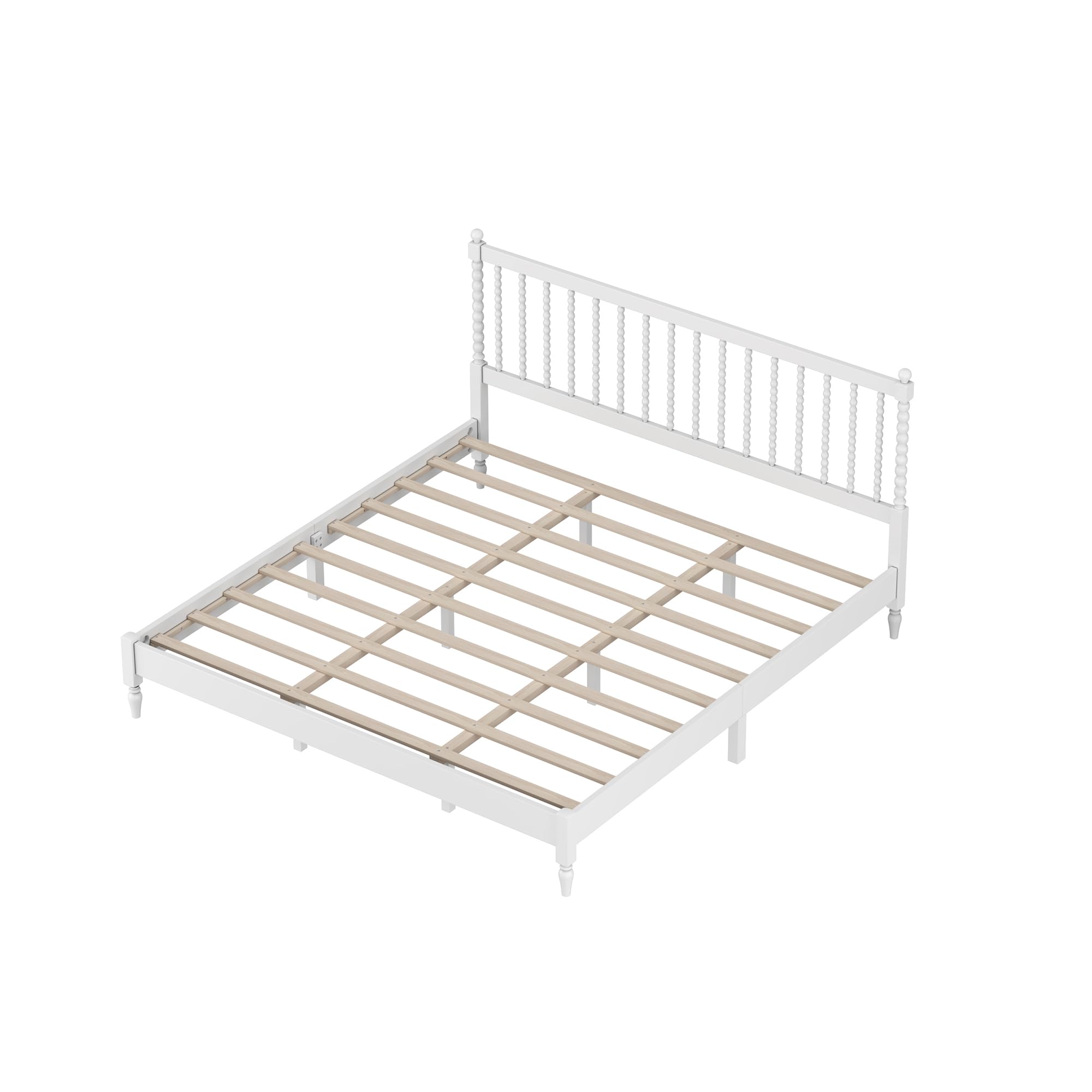 SOFTSEA King Size Platform Bed Frame with Gourd Shaped Headboard - Sturdy Wooden Bed with Slat Support, No Box Spring Needed - Perfect for Kids' Bedroom & Guest Room (White)