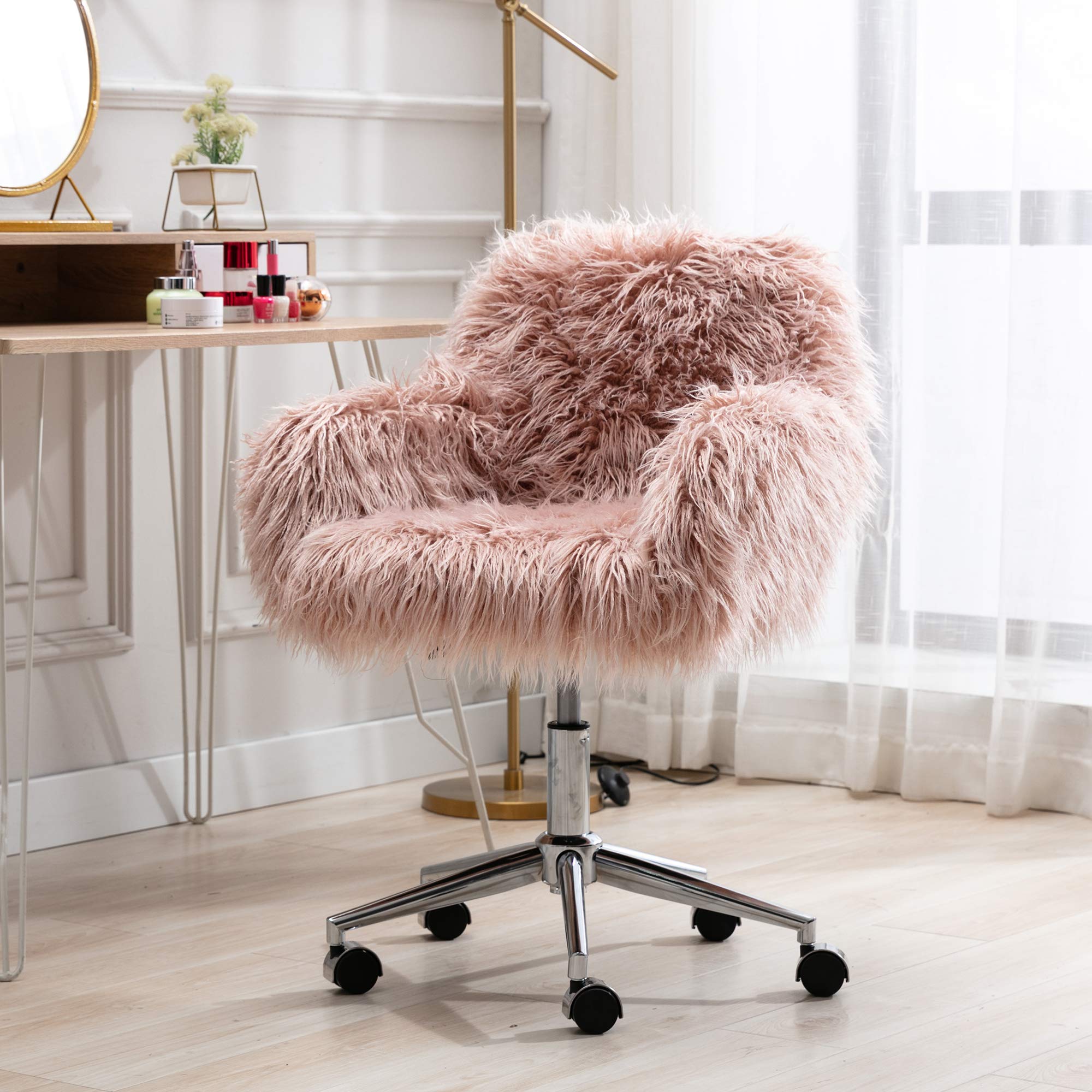 Fluffy Faux Fur Swivel Chair with Wheels - Adjustable Height Upholstered Seat for Makeup Vanity, Home Office & Living Room - Soft Pink Comfort Chair