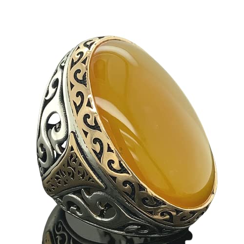 Handmade Men's Agate Stone Ring - Large Yellow Agate Ottoman Style 925 Sterling Silver Jewelry for Men | Perfect Gift for Him, Birthday, Anniversary & Special Occasions | Ideal for Weddings, Parties & Everyday Wear